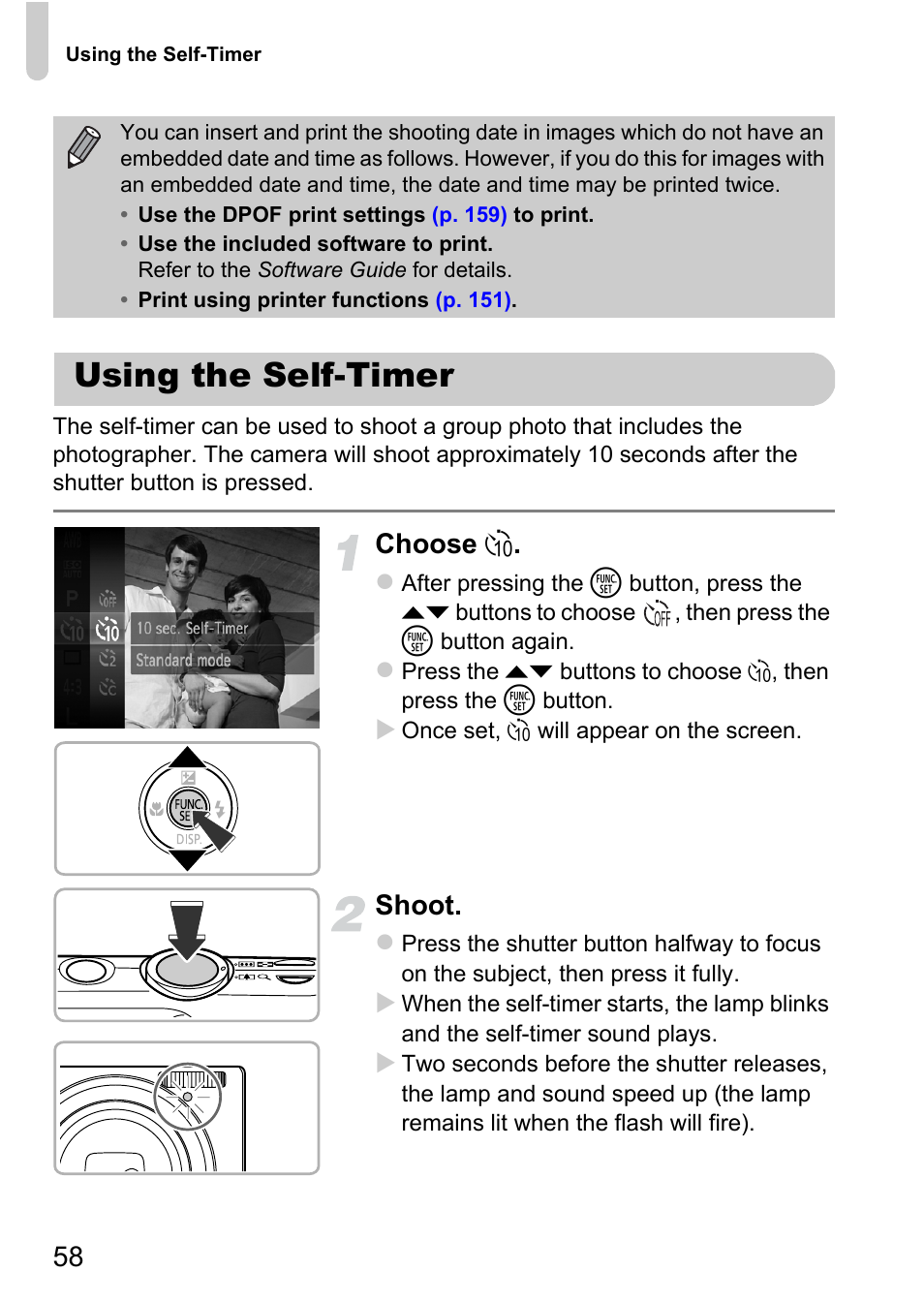 Using the self-timer, Pp. 58, Choose ò | Shoot | Canon 220 HS User Manual | Page 58 / 209