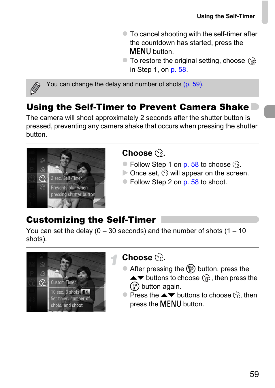Using the self-timer to prevent camera shake, Customizing the self-timer, Choose î | Choose | Canon 220 HS User Manual | Page 59 / 209