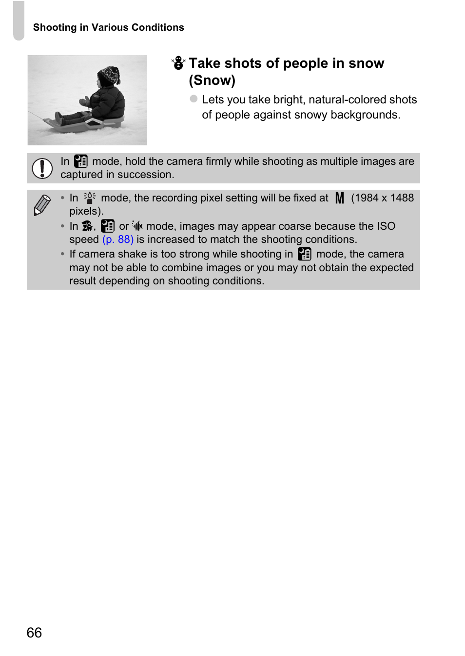 P. 66), 66 p take shots of people in snow (snow) | Canon 220 HS User Manual | Page 66 / 209