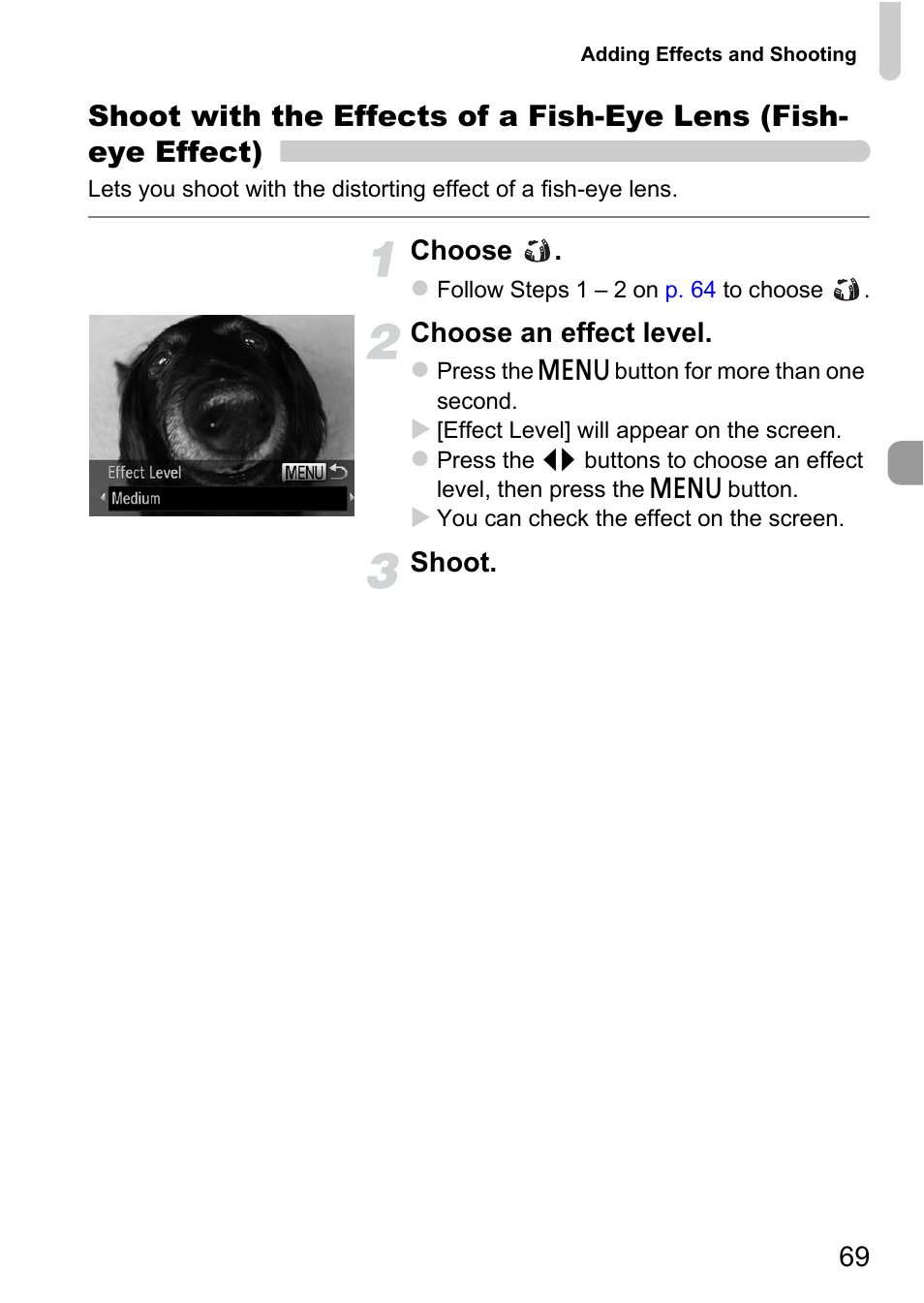P. 69), Choose, Choose an effect level | Shoot | Canon 220 HS User Manual | Page 69 / 209