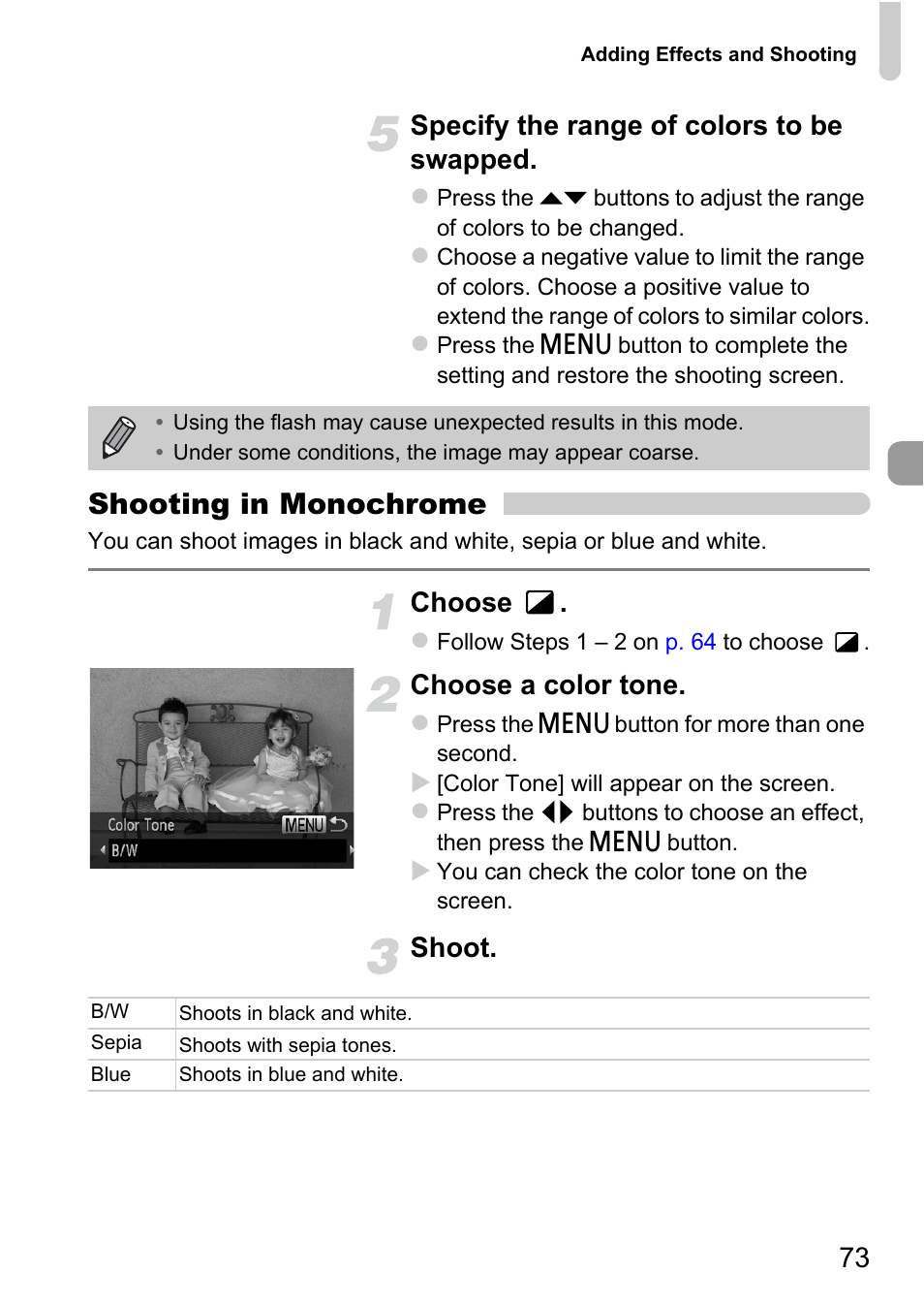 P. 73), Shooting in monochrome, 73 specify the range of colors to be swapped | Choose, Choose a color tone, Shoot | Canon 220 HS User Manual | Page 73 / 209