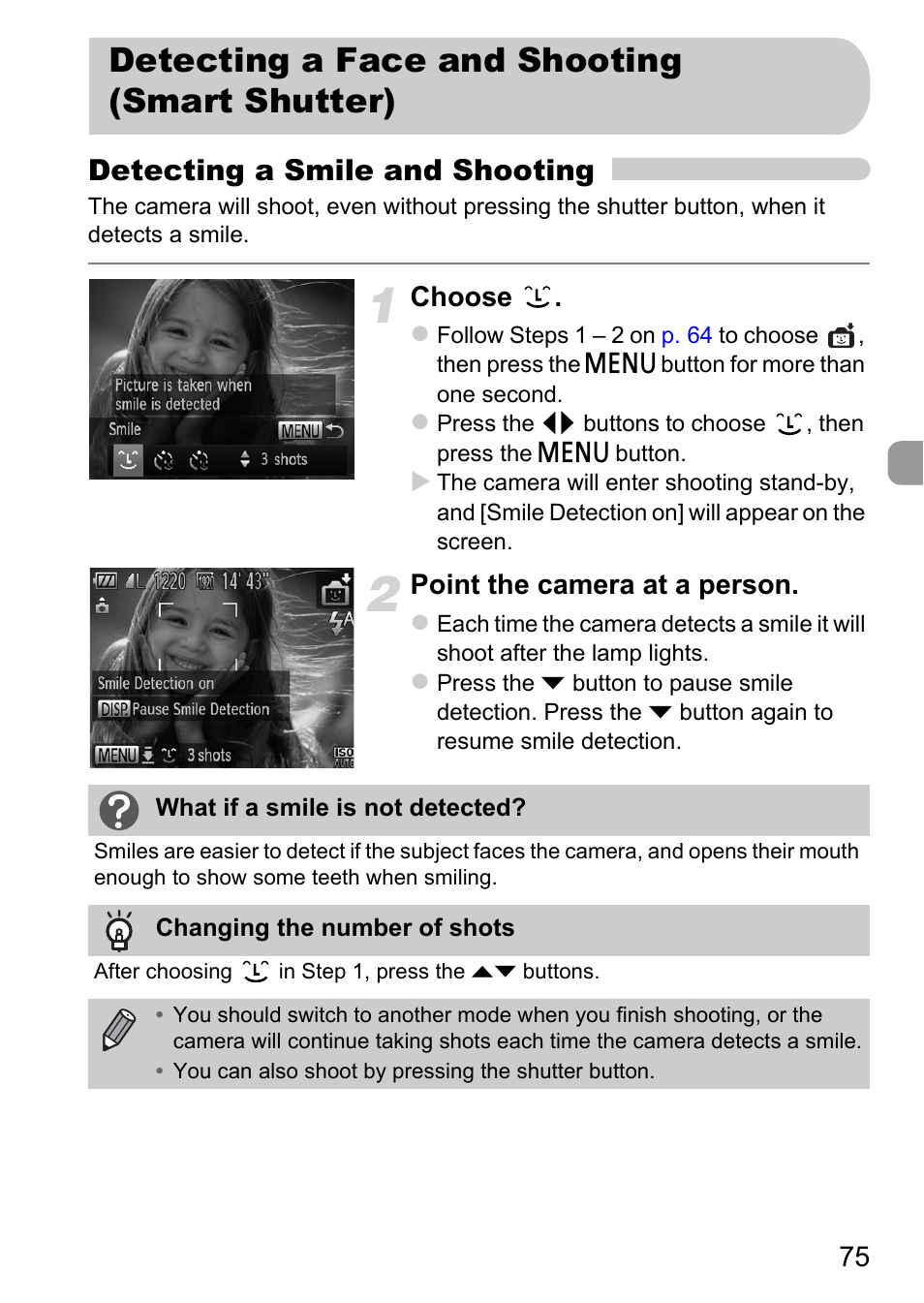 Detecting a face and shooting (smart shutter), Detecting a face and shooting, Smart shutter) | Detecting a smile and shooting, Choose, Point the camera at a person | Canon 220 HS User Manual | Page 75 / 209