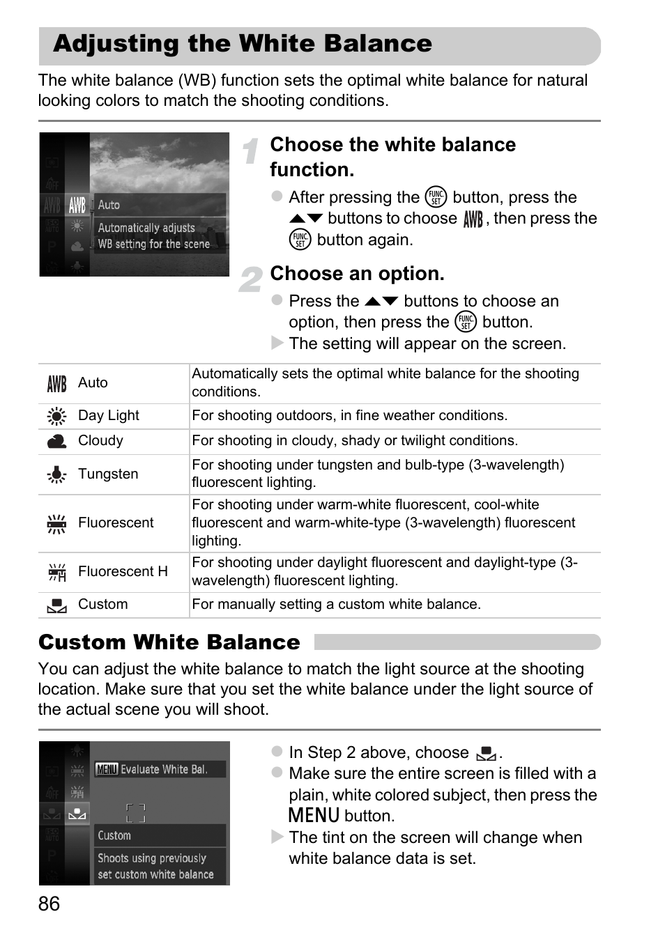 Adjusting the white balance, P. 86), Custom white balance | Choose the white balance function, Choose an option | Canon 220 HS User Manual | Page 86 / 209