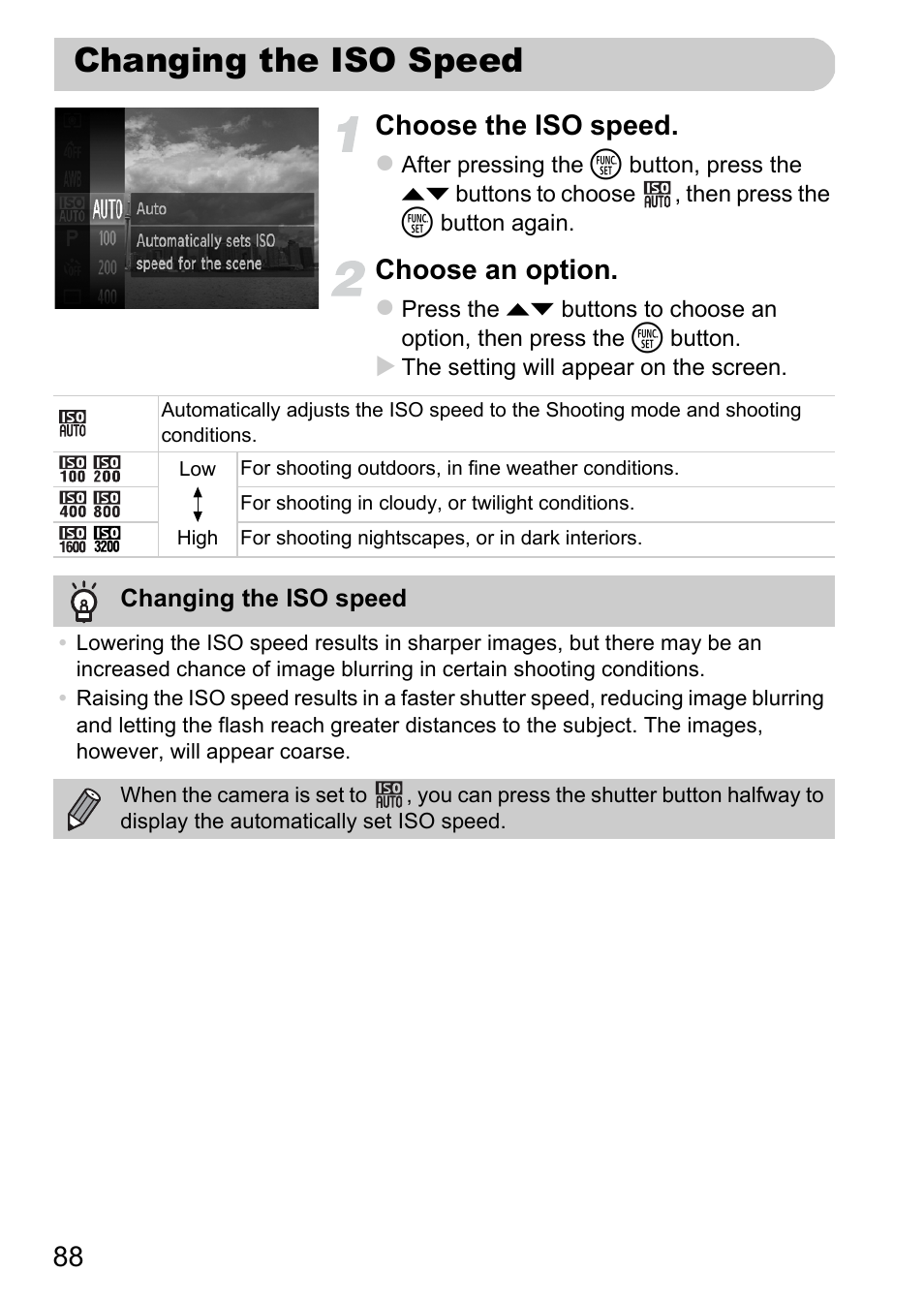 Changing the iso speed, P. 88), 88 choose the iso speed | Choose an option | Canon 220 HS User Manual | Page 88 / 209