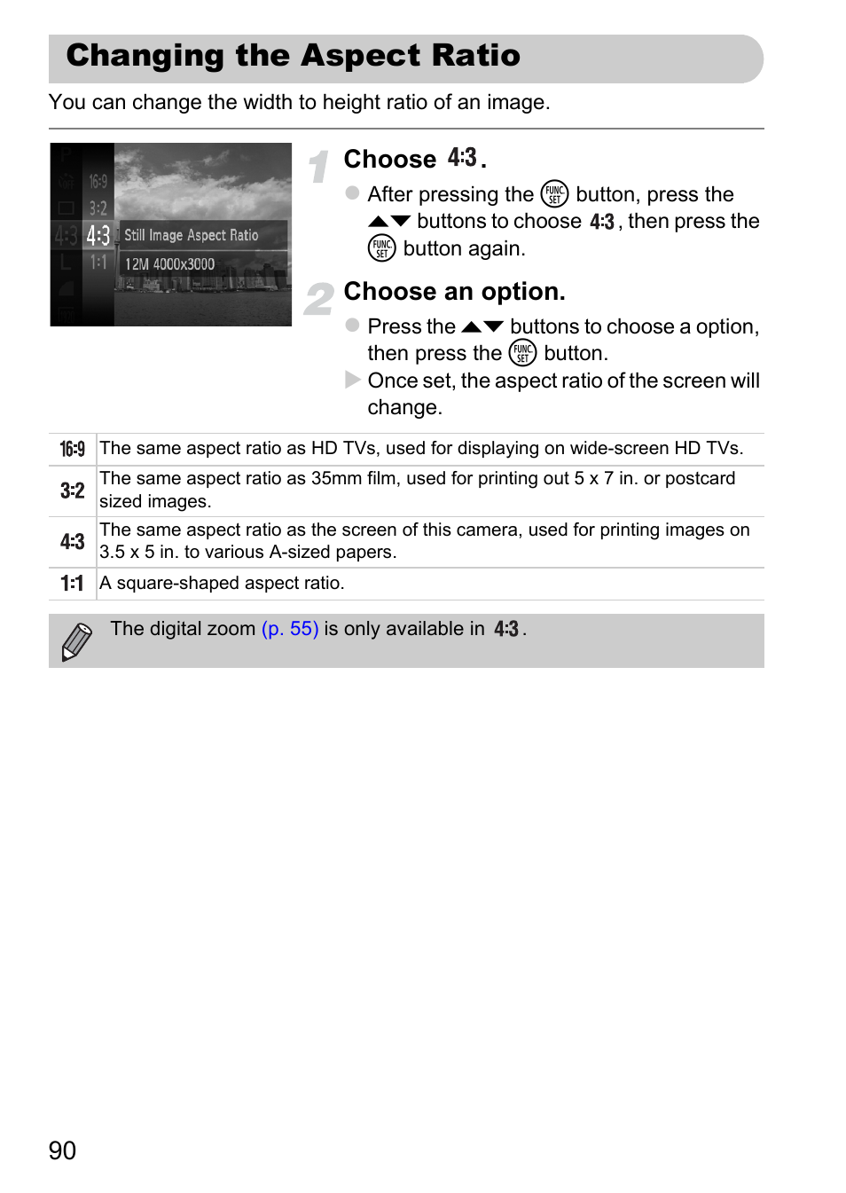 Changing the aspect ratio, Choose, Choose an option | Canon 220 HS User Manual | Page 90 / 209