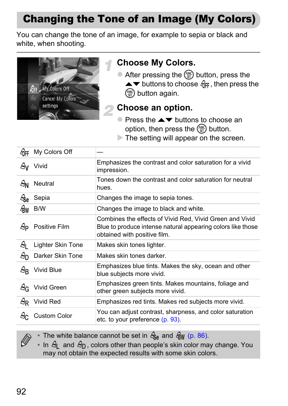 Changing the tone of an image (my colors), Changing the tone of an image, My colors) | Choose my colors, Choose an option | Canon 220 HS User Manual | Page 92 / 209