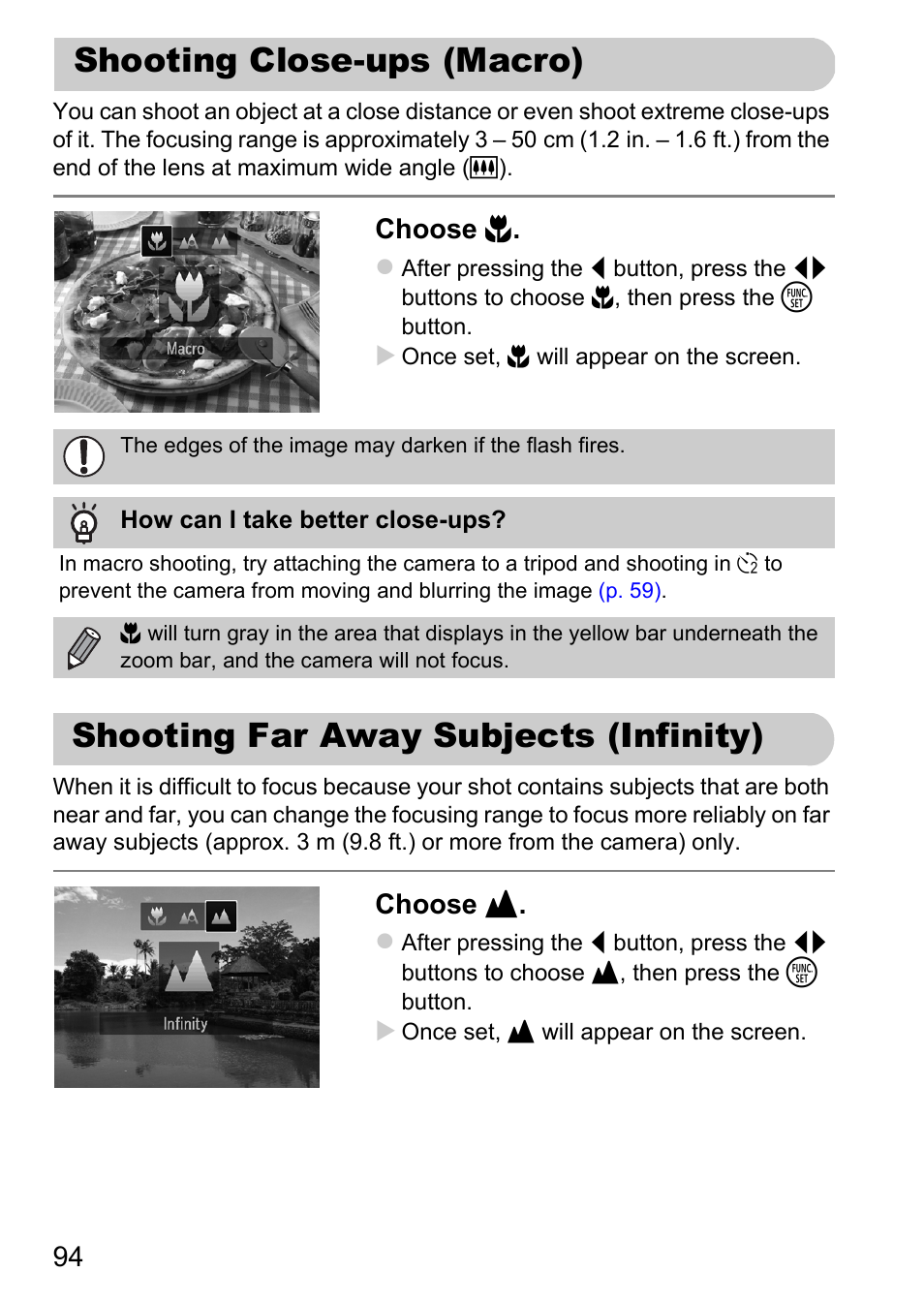 Shooting close-ups (macro), Shooting far away subjects (infinity), Infinity) | Cro), P. 94), Choose e, Choose u | Canon 220 HS User Manual | Page 94 / 209