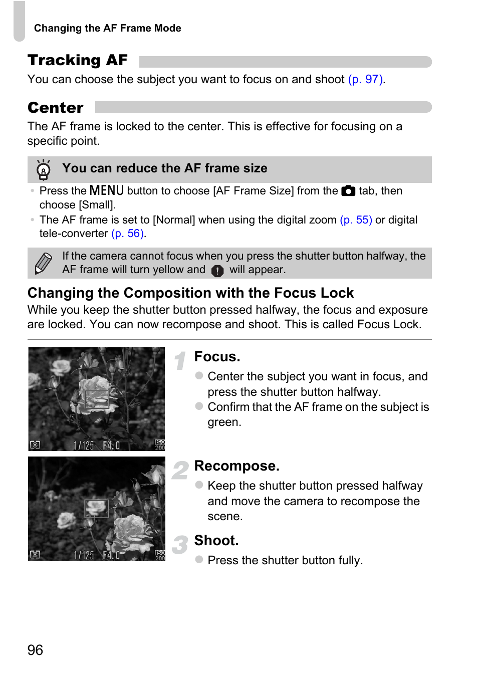 Tracking af, Center, Changing the composition with the focus lock | Focus, Recompose, Shoot | Canon 220 HS User Manual | Page 96 / 209