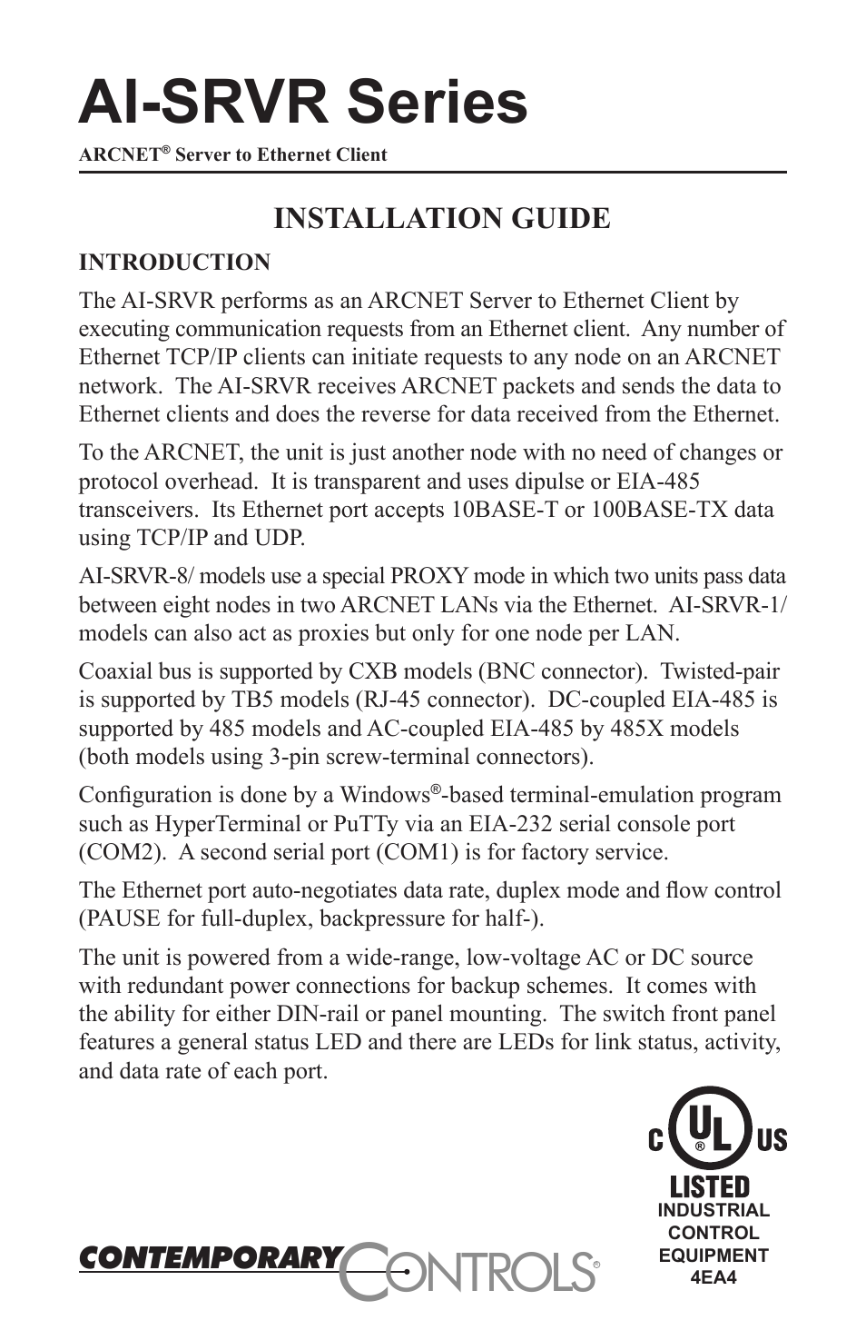 Contemporary Control Systems AI-SRVR Servers to Ethernet Installation Guide User Manual | 12 pages