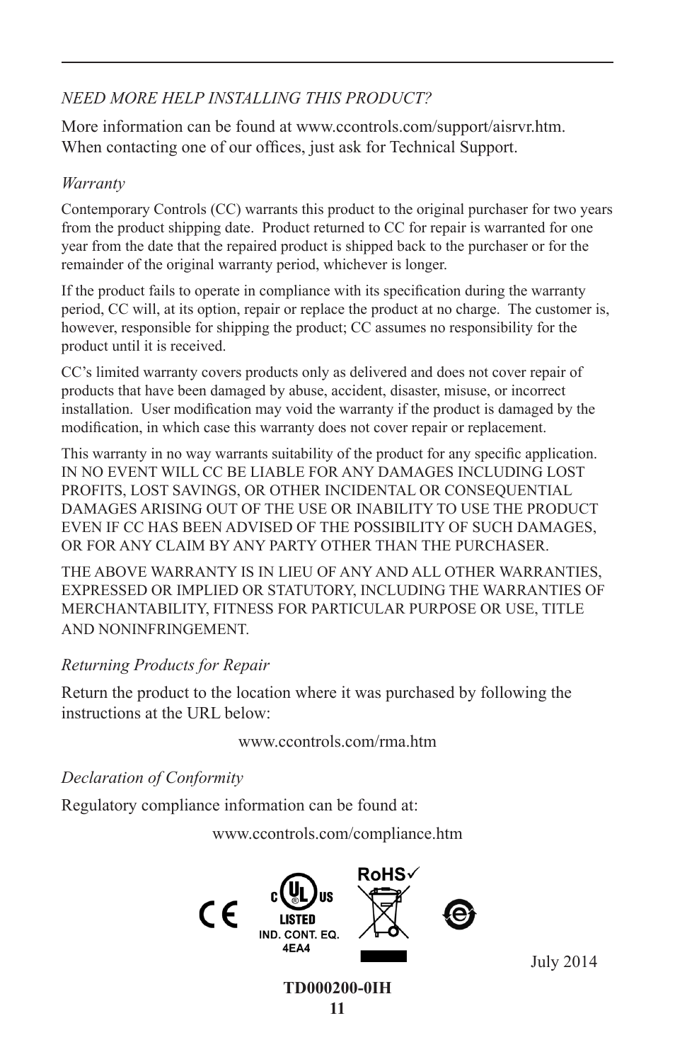 Need more help, Warranty, Returning products for repair | Declaration of conformity | Contemporary Control Systems AI-SRVR Servers to Ethernet Installation Guide User Manual | Page 11 / 12