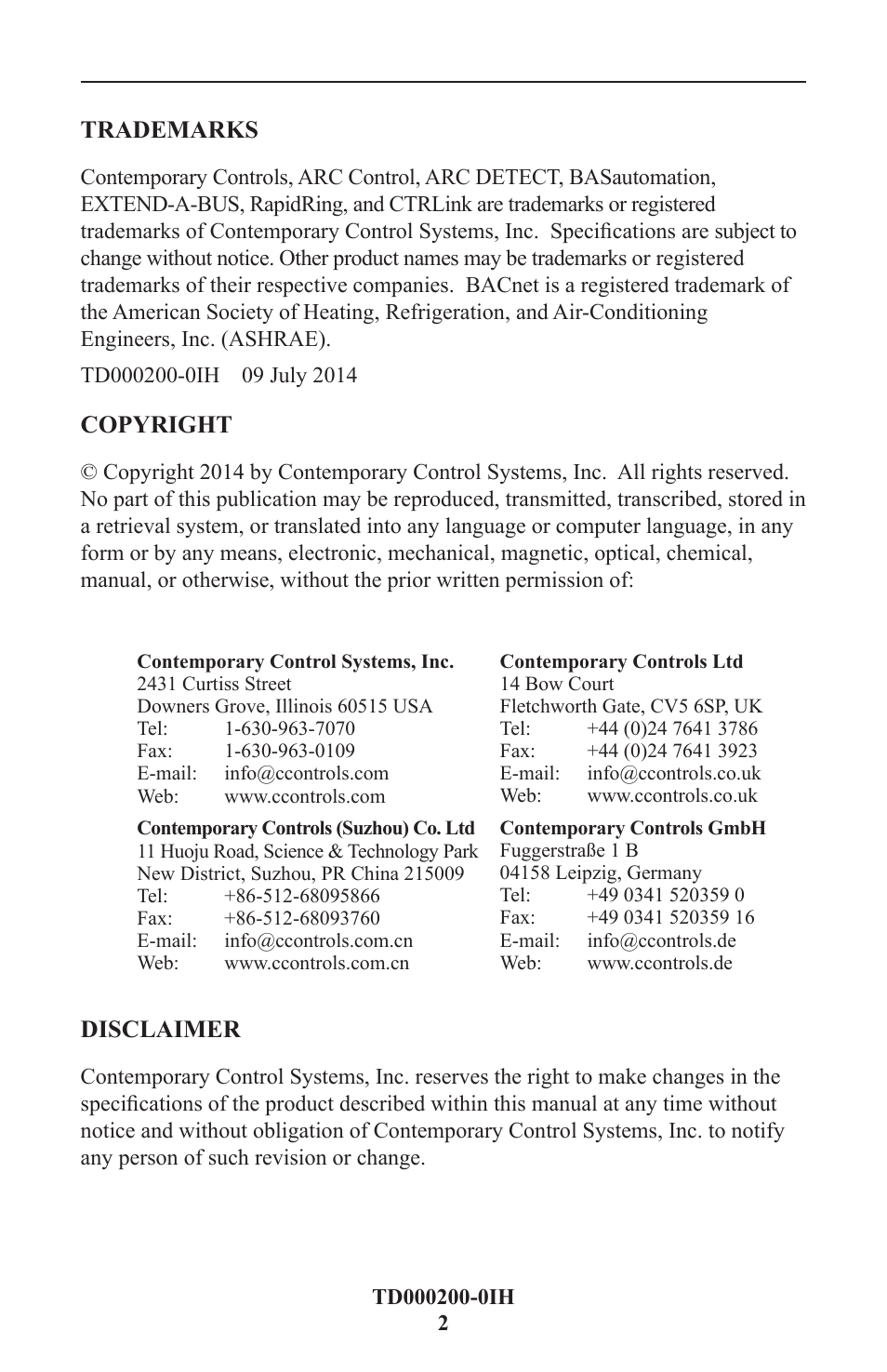 Trademarks, Copyright, Office locations | Disclaimer | Contemporary Control Systems AI-SRVR Servers to Ethernet Installation Guide User Manual | Page 2 / 12