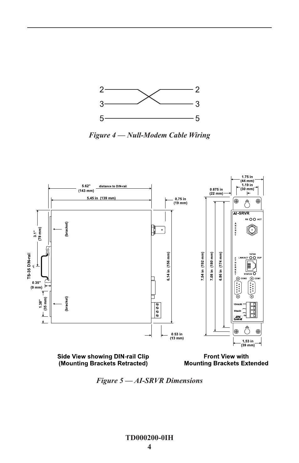 Null-modem cable wiring, Dimensions | Contemporary Control Systems AI-SRVR Servers to Ethernet Installation Guide User Manual | Page 4 / 12