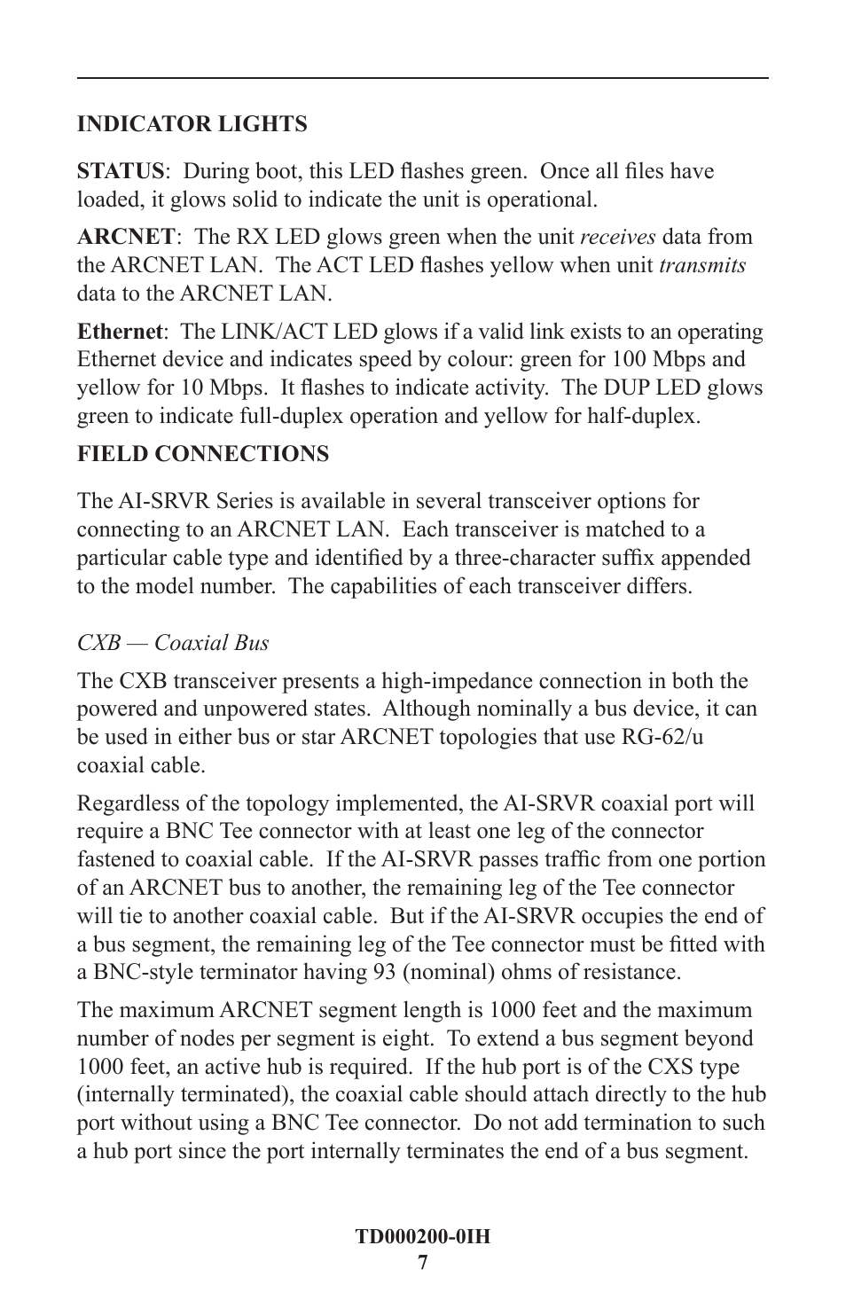Indicator lights, Field connections, Cxb - coaxial bus | Contemporary Control Systems AI-SRVR Servers to Ethernet Installation Guide User Manual | Page 7 / 12