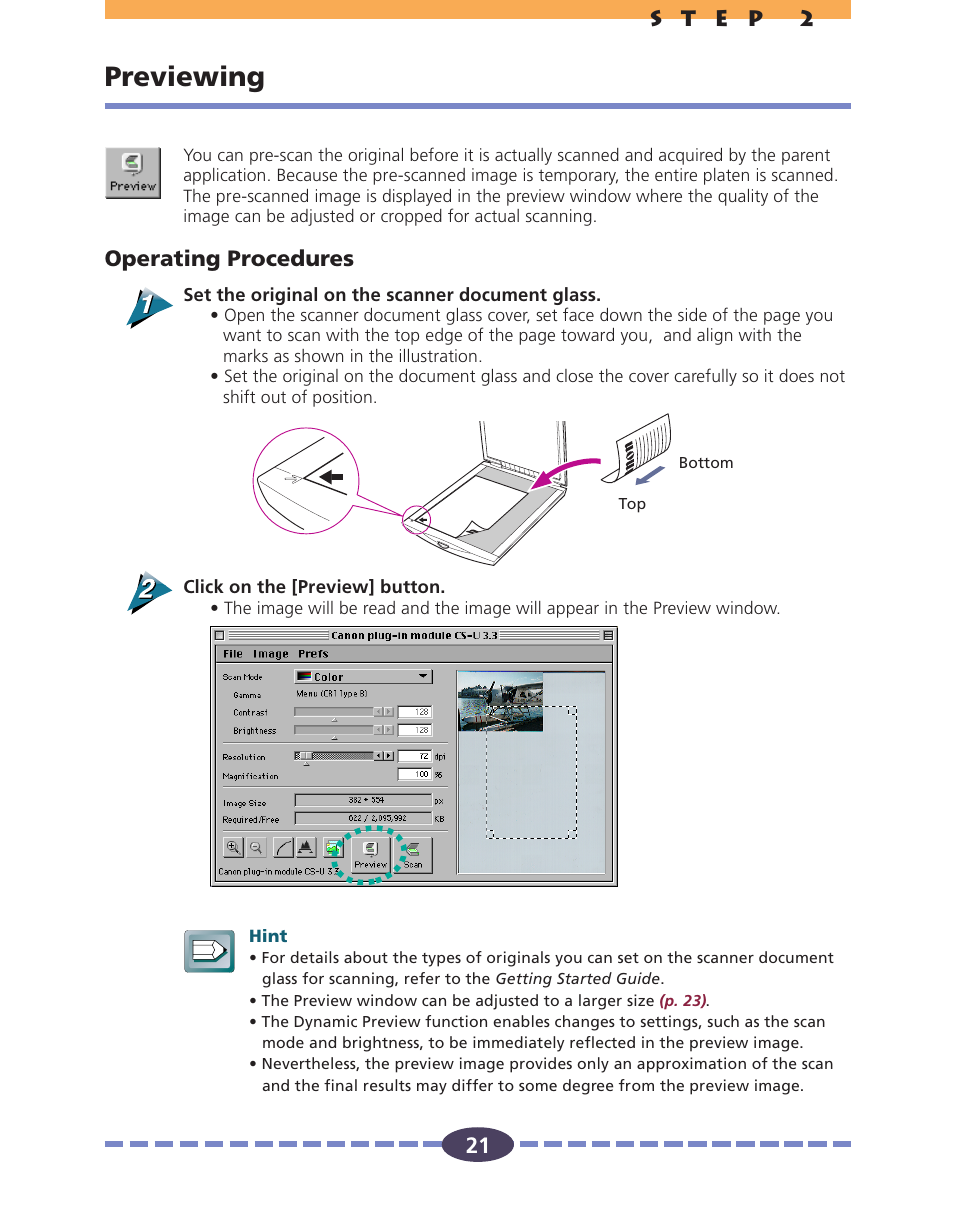 Previewing, P. 21, Operating procedures | Canon FB630U User Manual | Page 21 / 68