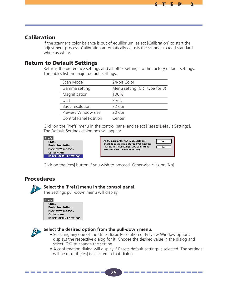 Calibration, Return to default settings | Canon FB630U User Manual | Page 25 / 68