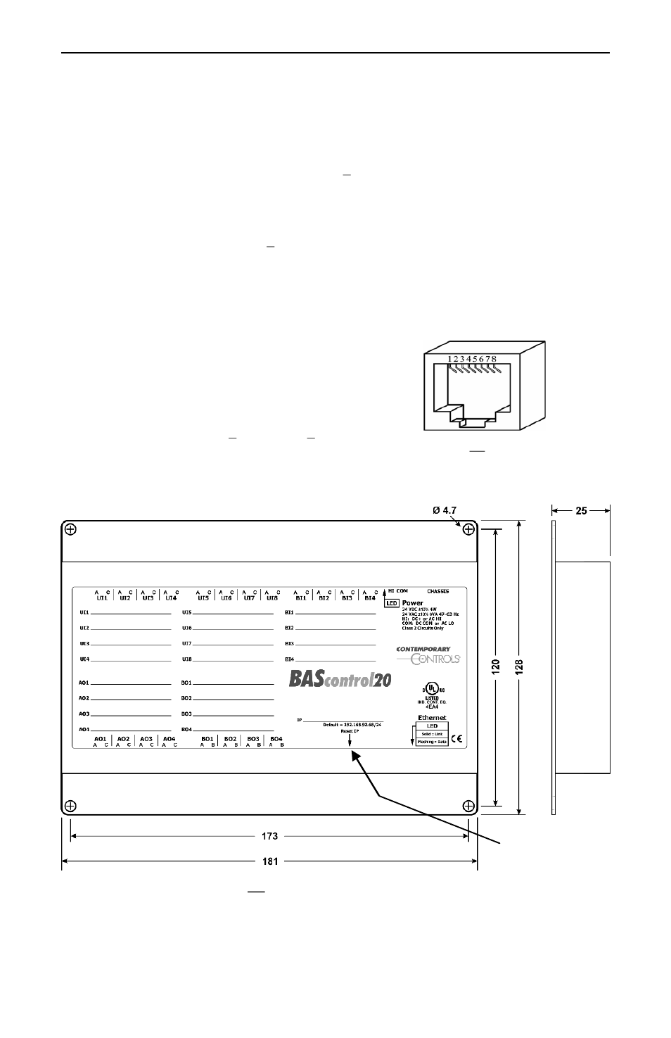 Rj-45pin assignments (mdi), Dimensions (all dimensions are in mm.), Electrical | Environmental/mechanical, Leds, Rj-45pin assignments, Dimensions | Contemporary Control Systems BAScontrol20 Installation Guide User Manual | Page 3 / 16