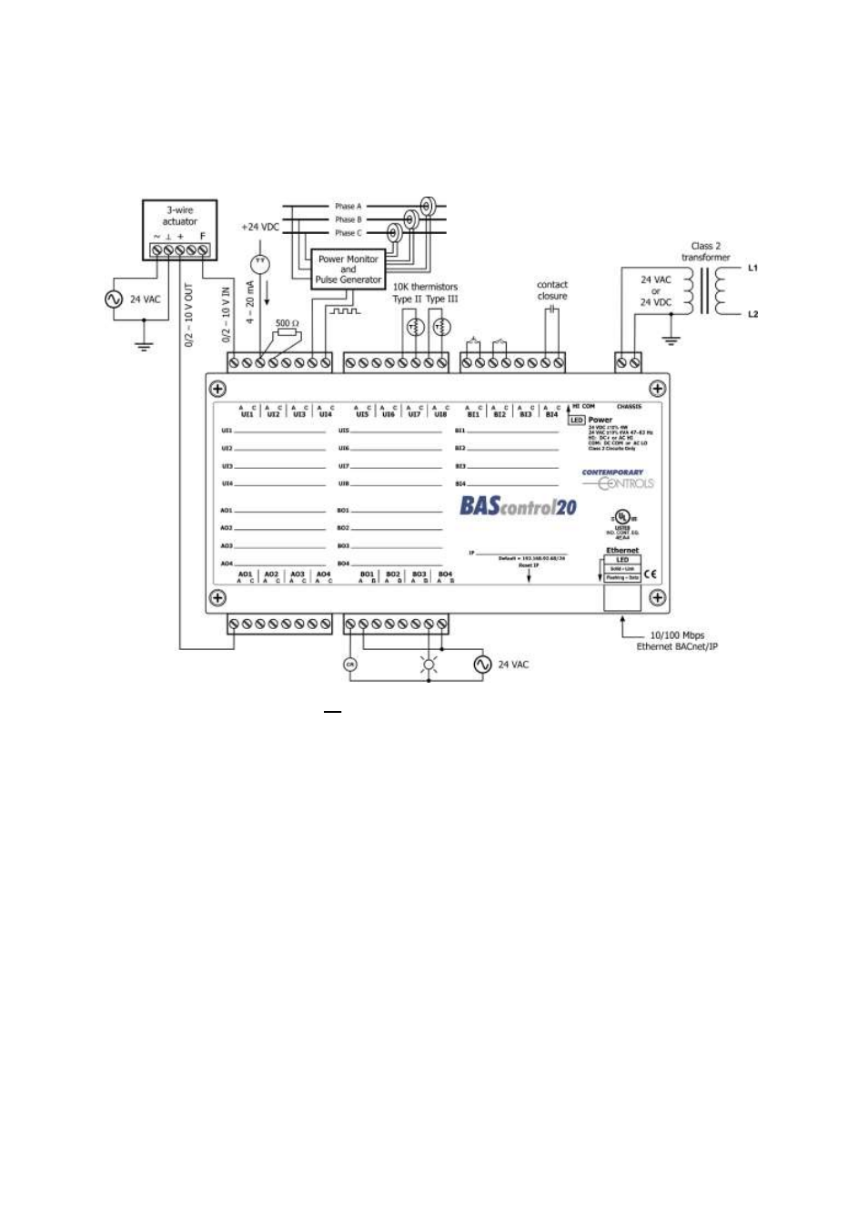 4 field connections, 1 sample basc20 wiring diagram, Field connections | Sample basc20 wiring diagram | Contemporary Control Systems BAScontrol20 User Manual User Manual | Page 14 / 53