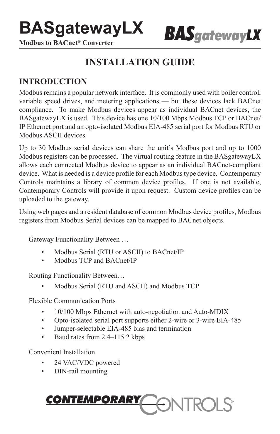 Contemporary Control Systems BASgatewayLX User Manual | 16 pages