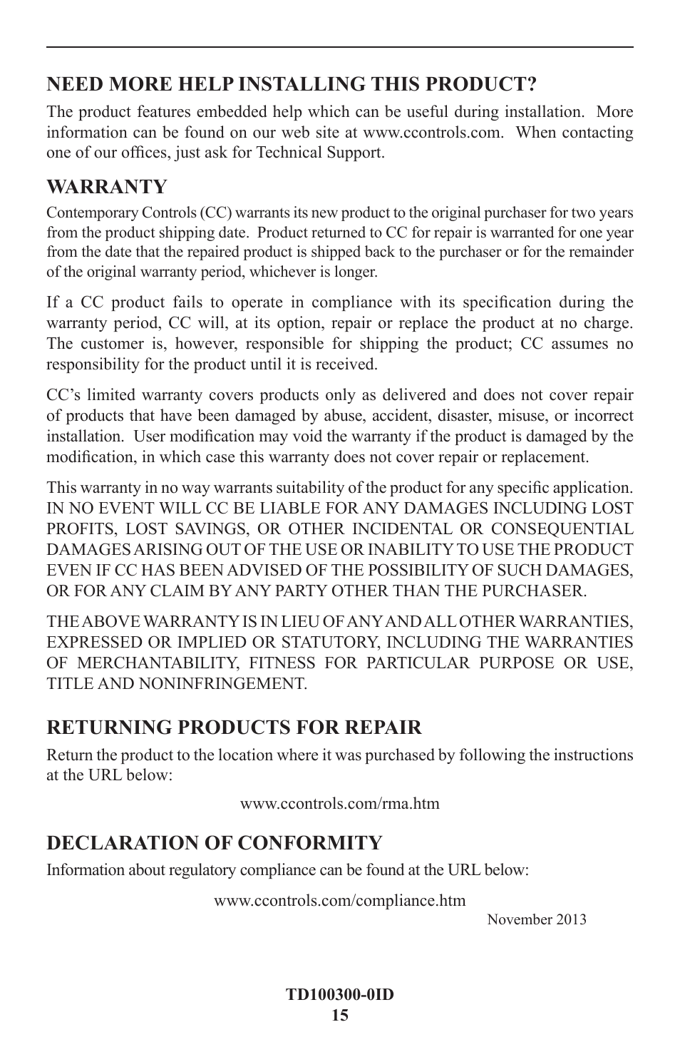 More help, Warranty, Returning products for repair | Declaration of conformity, Need more help installing this product | Contemporary Control Systems BASgatewayLX User Manual | Page 15 / 16