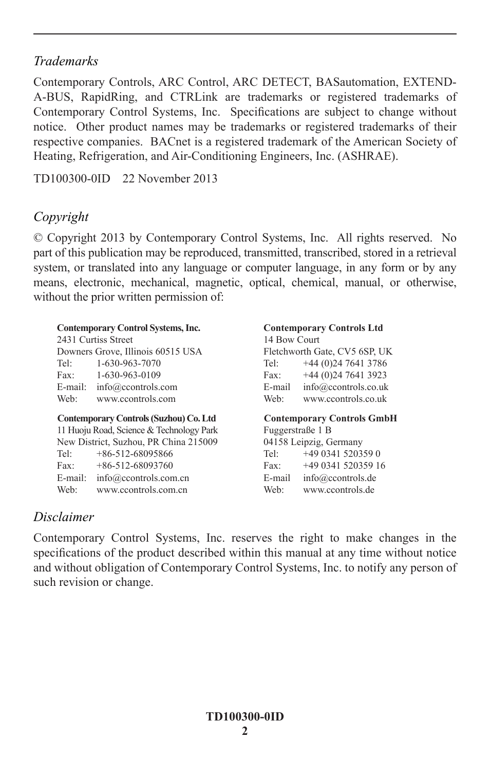 Trademarks, Copyright, Disclaimer | Contemporary Control Systems BASgatewayLX User Manual | Page 2 / 16