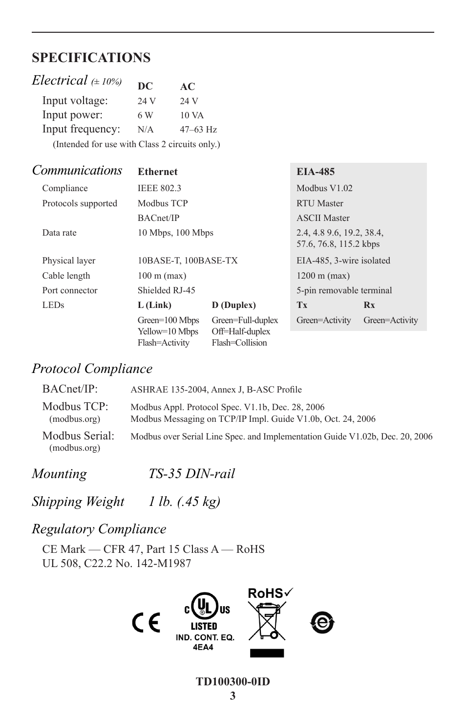 Specifications, Specifications electrical, Communications | Protocol compliance | Contemporary Control Systems BASgatewayLX User Manual | Page 3 / 16