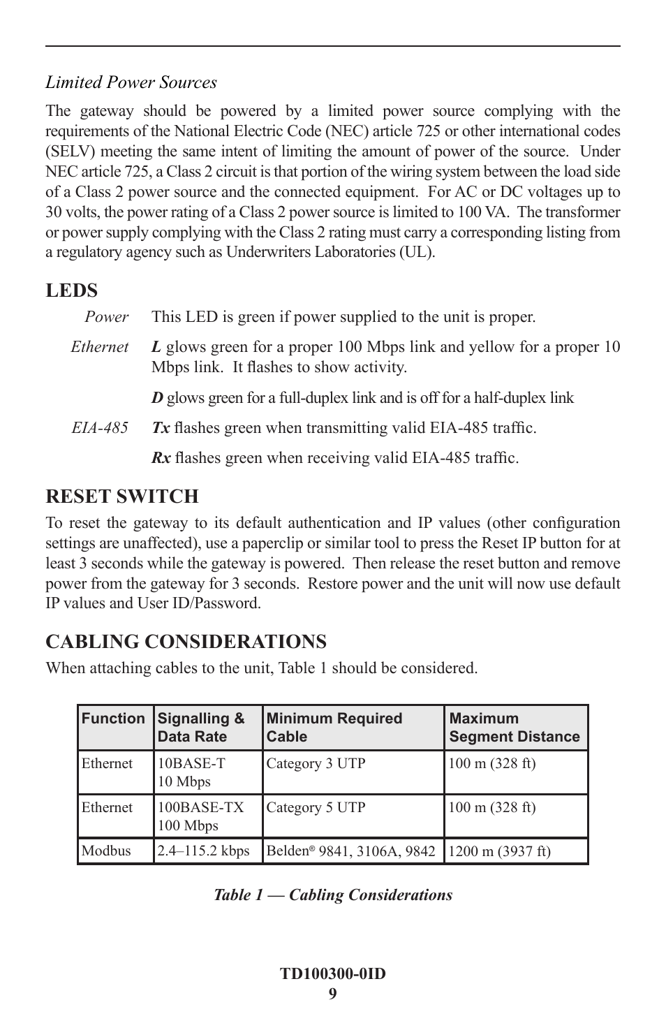 Leds, Reset switch, Cabling considerations | Contemporary Control Systems BASgatewayLX User Manual | Page 9 / 16