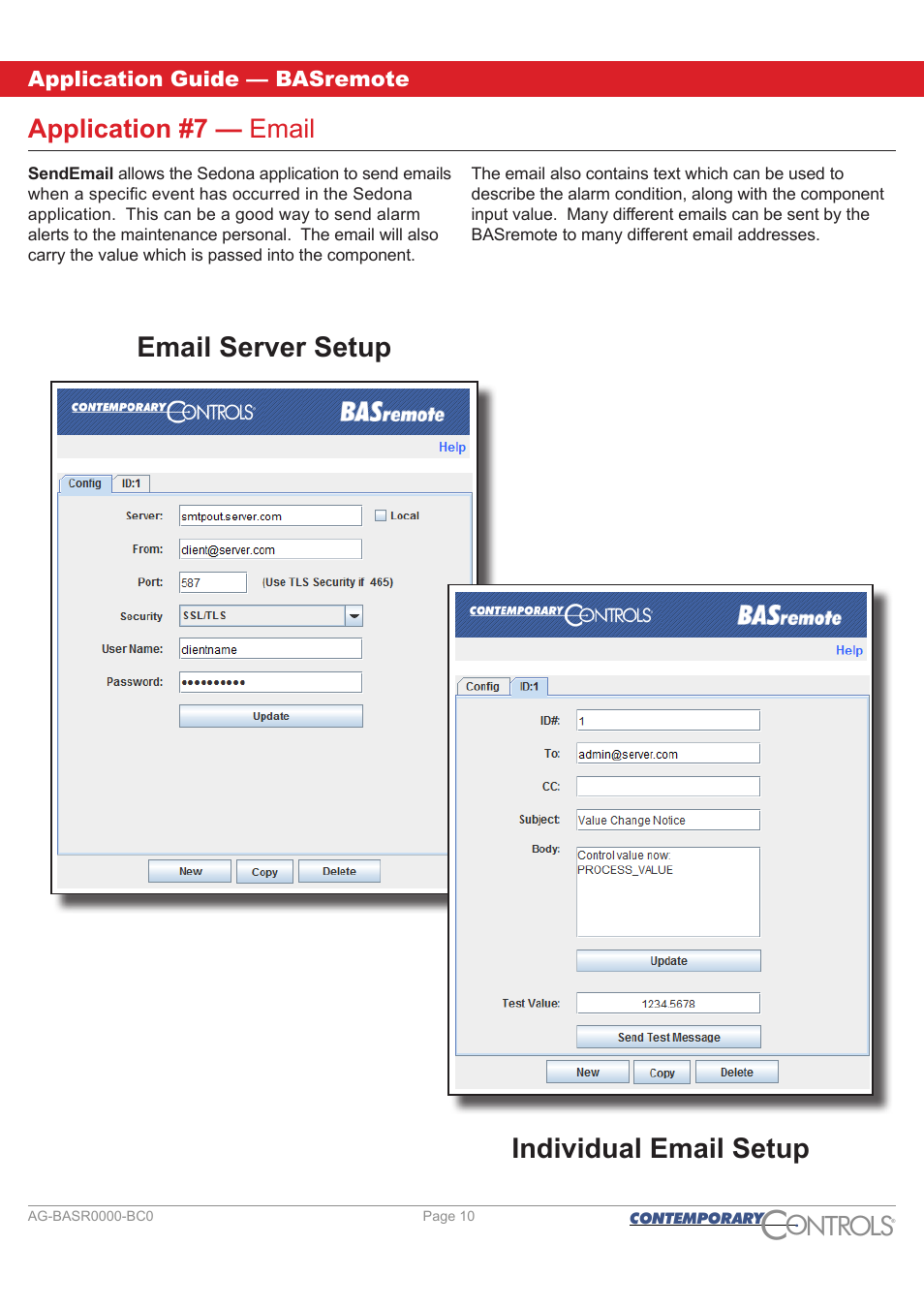 Application #7 - email, Ontr ls o, Email server setup individual email setup | Application #7 — email | Contemporary Control Systems BASremote Application Guide User Manual | Page 10 / 13