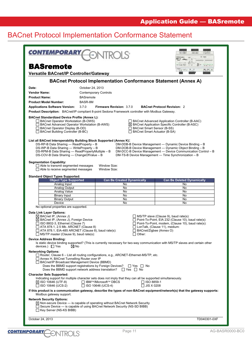 Bacnet pics, Ontr ls o, Basremote | Application guide — basremote, Contemporary, Versatile bacnet/ip controller/gateway | Contemporary Control Systems BASremote Application Guide User Manual | Page 11 / 13