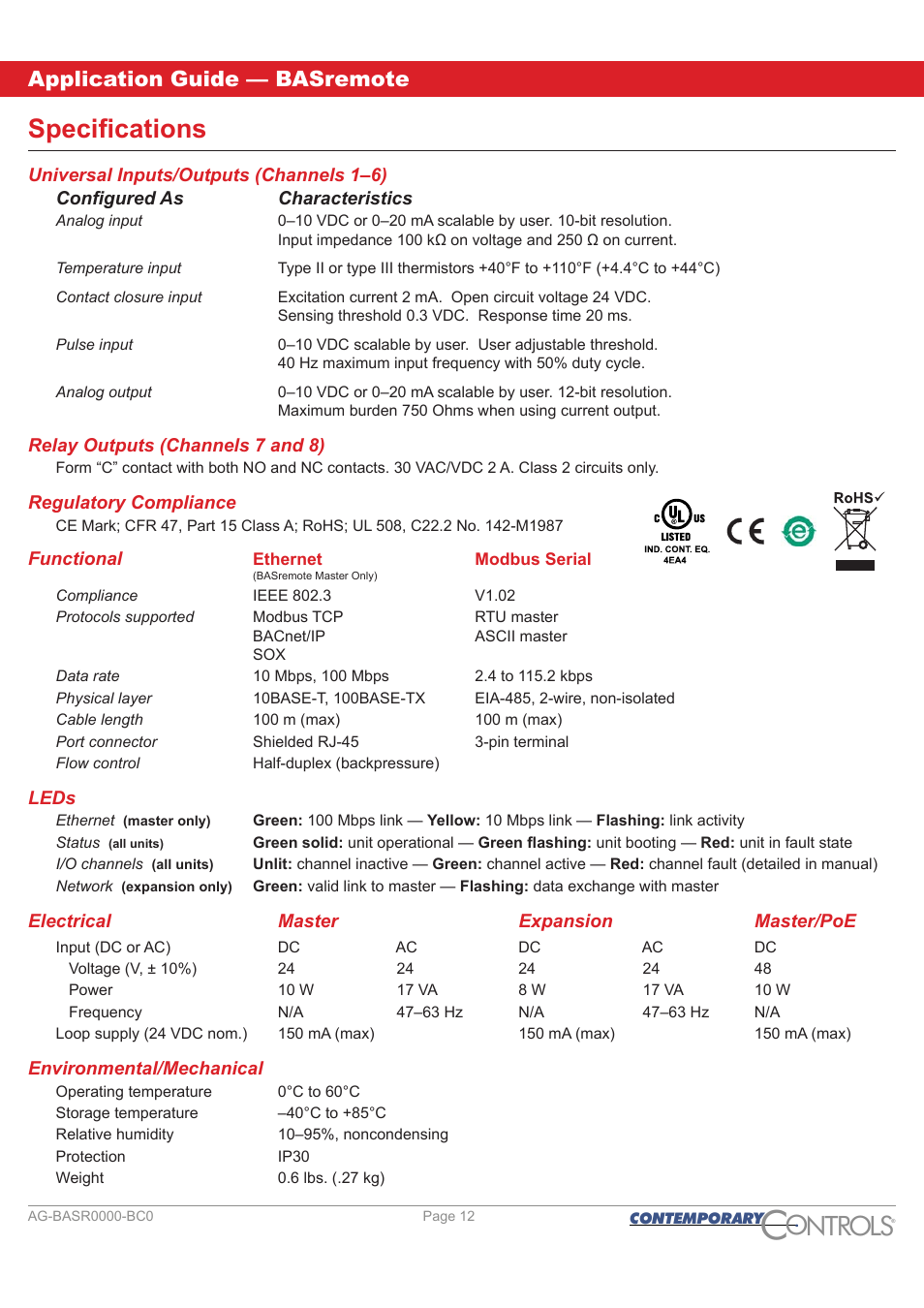 Specifications, Ontr ls o, Application guide — basremote | Contemporary Control Systems BASremote Application Guide User Manual | Page 12 / 13