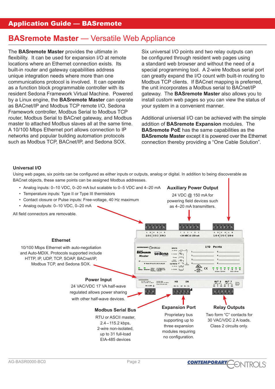 Versatile web appliance, Ontr ls o, Basremote master — versatile web appliance | Application guide — basremote | Contemporary Control Systems BASremote Application Guide User Manual | Page 2 / 13