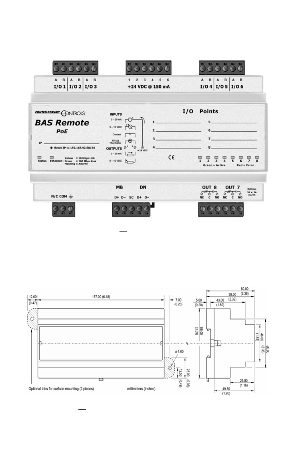 Product image (with panel-mounting tabs removed), Mechanical (with panel-mounting tabs displayed) | Contemporary Control Systems BASremote Installation Guide User Manual | Page 6 / 20
