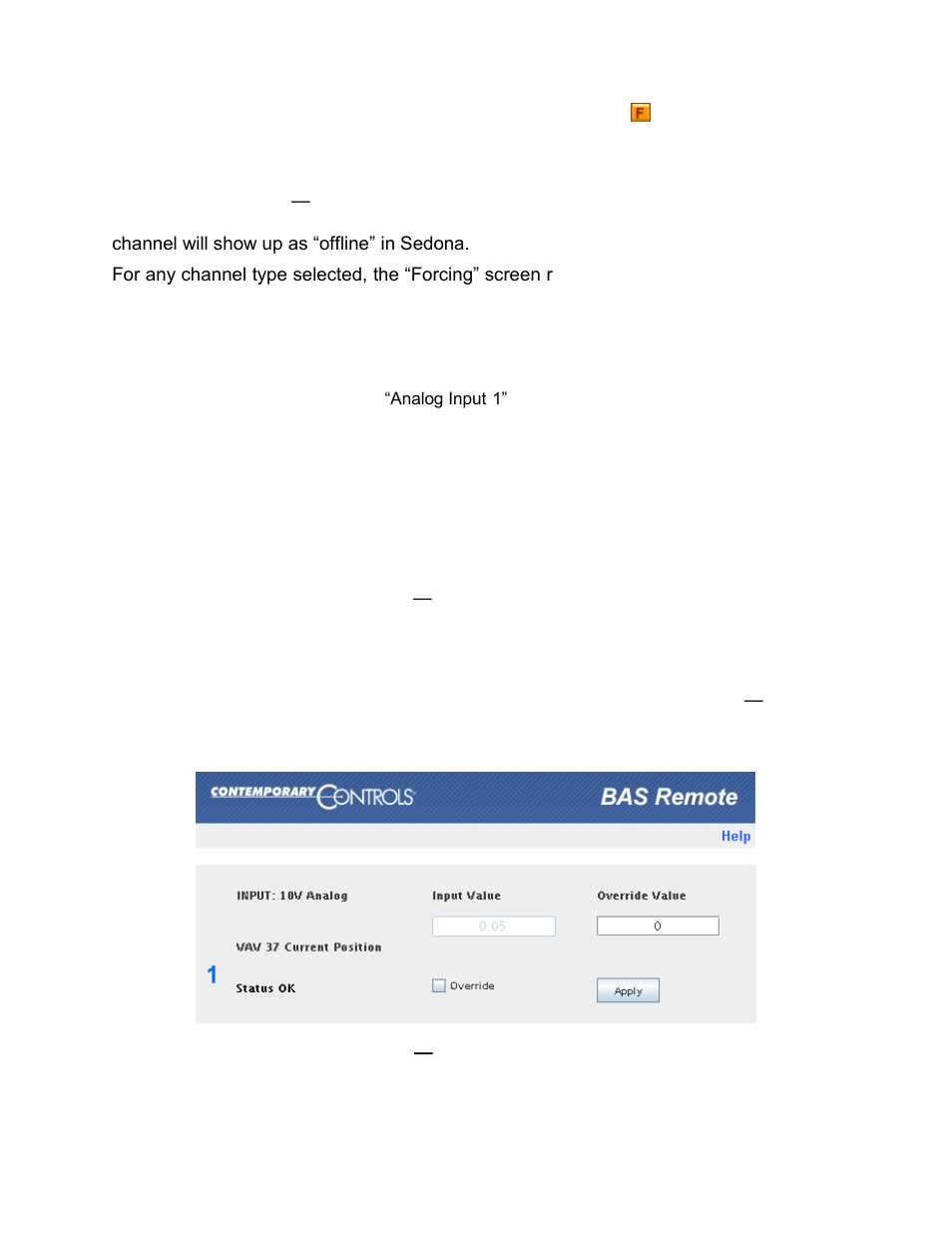 4 channel forcing, 1 analog input forcing, Channel forcing | Analog input forcing | Contemporary Control Systems BASremote User Manual (firmware 3.1.x) User Manual | Page 47 / 78