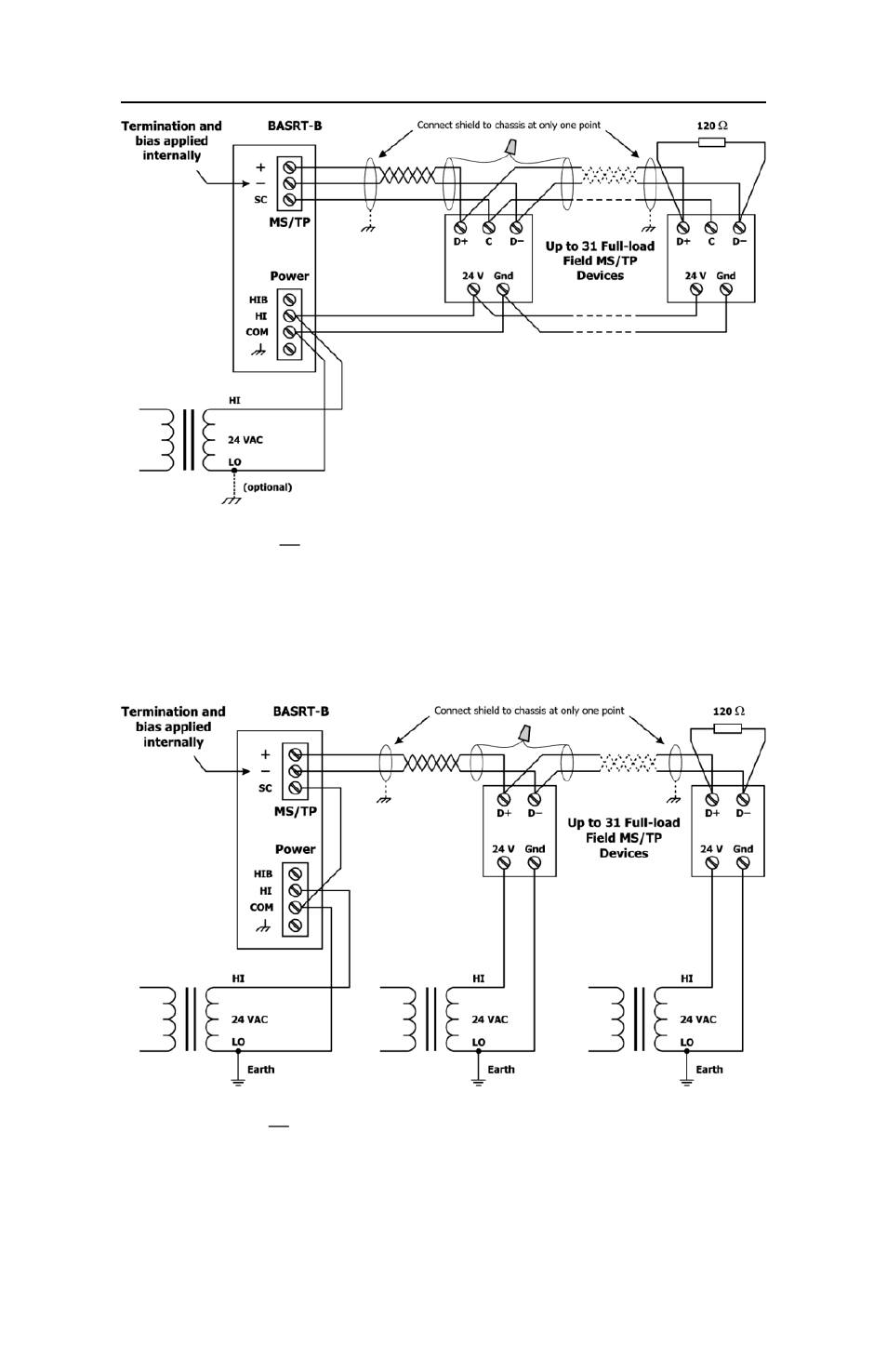 Wire ms/tp bus with shared power source, Wire ms/tp bus with separate power sources | Contemporary Control Systems BASrouter Installation Guide (Firmware 2.x) User Manual | Page 9 / 24
