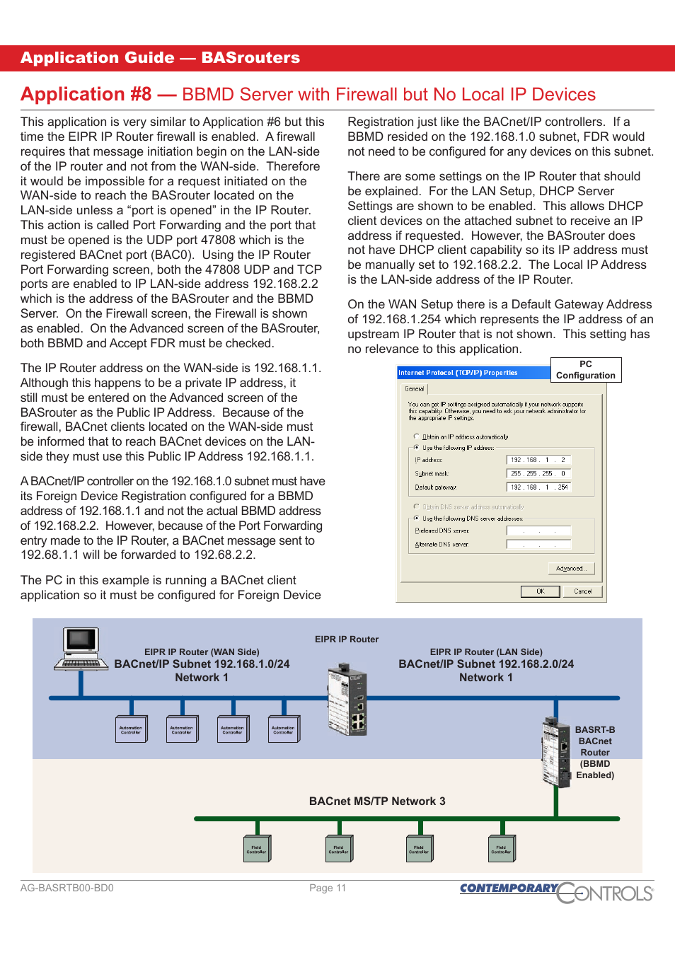 Ontr ls o, Application #8, Bbmd server with firewall but no local ip devices | Application guide — basrouters | Contemporary Control Systems BASrouter Application Guide User Manual | Page 11 / 20