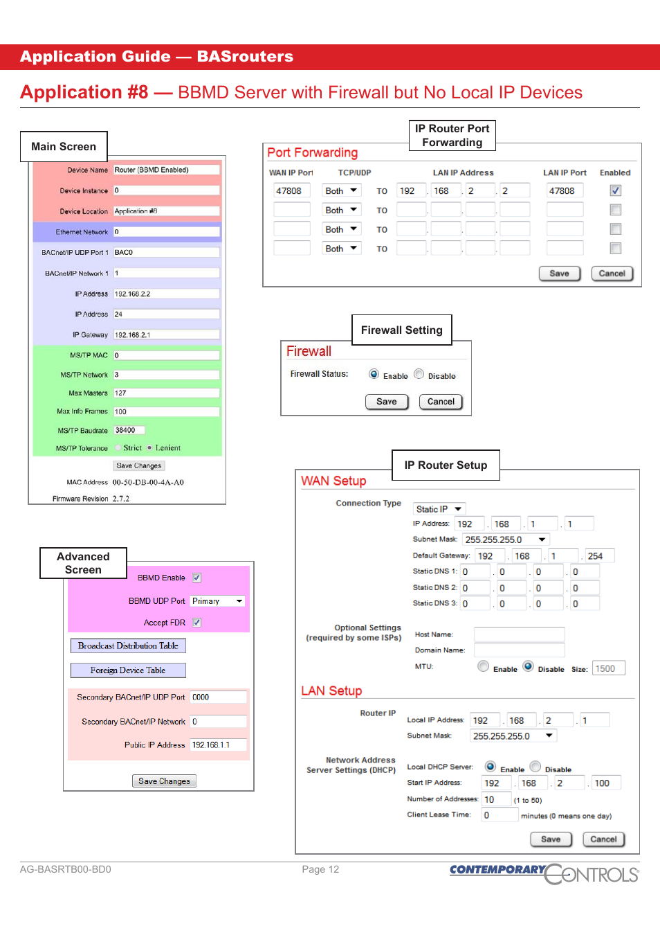 Ontr ls o, Application #8, Bbmd server with firewall but no local ip devices | Contemporary Control Systems BASrouter Application Guide User Manual | Page 12 / 20
