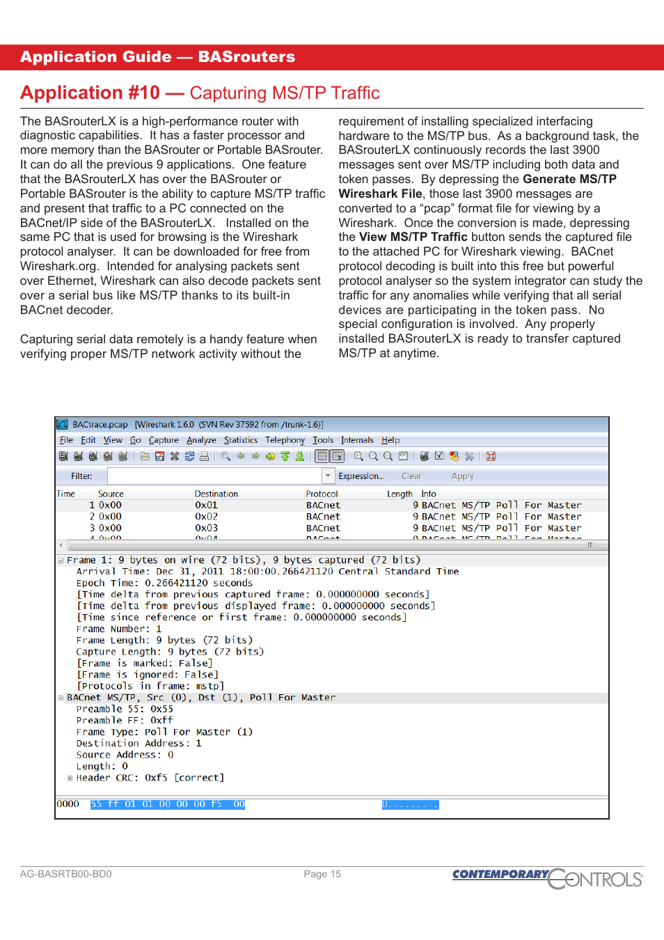 Ontr ls o, Application #10, Capturing ms/tp traffic | Application guide — basrouters | Contemporary Control Systems BASrouter Application Guide User Manual | Page 15 / 20