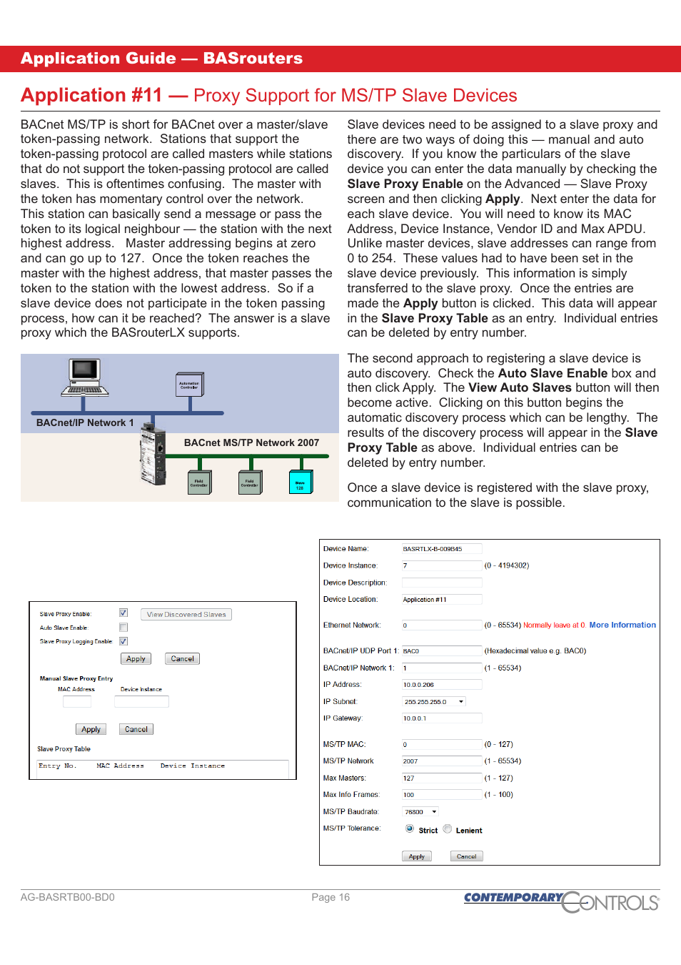 Ontr ls o, Application #11, Proxy support for ms/tp slave devices | Application guide — basrouters | Contemporary Control Systems BASrouter Application Guide User Manual | Page 16 / 20