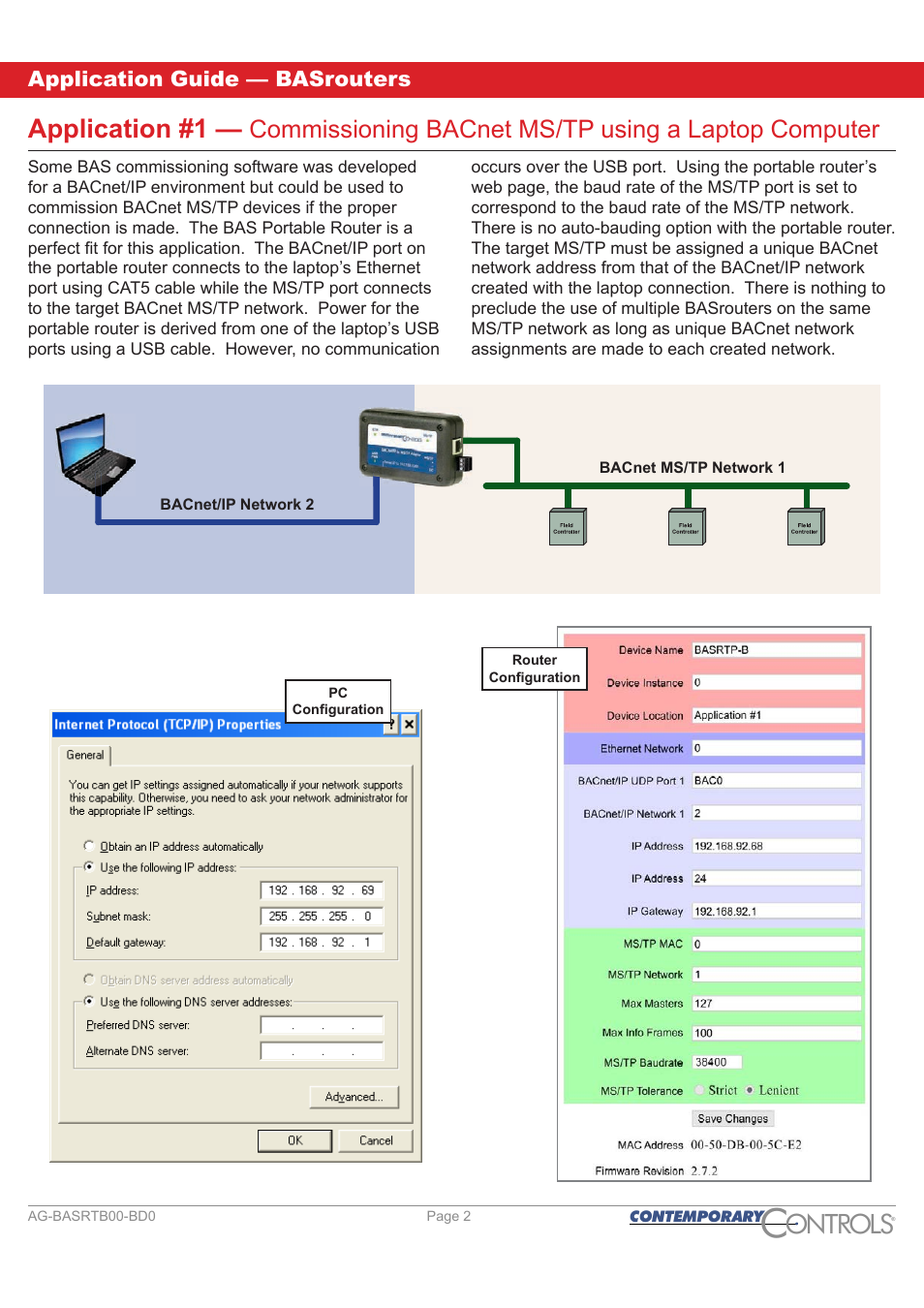 Ontr ls o, Application #1, Commissioning bacnet ms/tp using a laptop computer | Application guide — basrouters | Contemporary Control Systems BASrouter Application Guide User Manual | Page 2 / 20