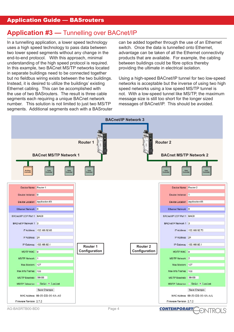 Ontr ls o, Application #3, Tunnelling over bacnet/ip | Application guide — basrouters | Contemporary Control Systems BASrouter Application Guide User Manual | Page 4 / 20