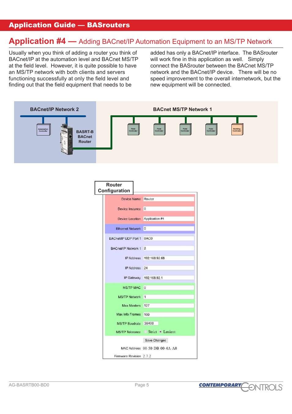 Ontr ls o, Application #4, Application guide — basrouters | Contemporary Control Systems BASrouter Application Guide User Manual | Page 5 / 20