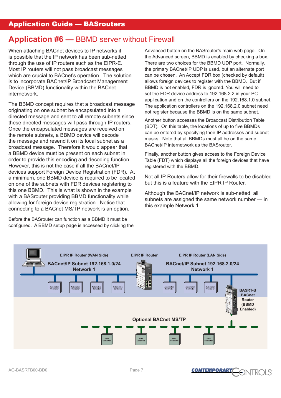 Ontr ls o, Application #6, Bbmd server without firewall | Application guide — basrouters | Contemporary Control Systems BASrouter Application Guide User Manual | Page 7 / 20