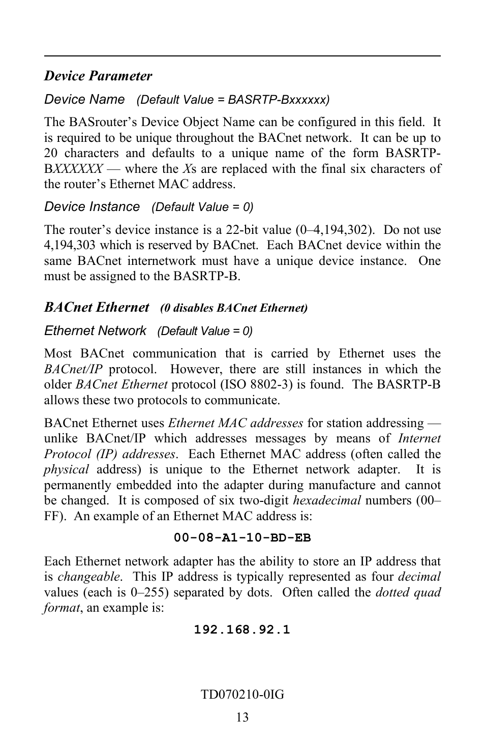 Device parameter, Device name (default value = basrtp-bxxxxxx), Device instance (default value = 0) | Bacnet ethernet (0 disables bacnet ethernet), Ethernet network (default value = 0) | Contemporary Control Systems BASrouter Portable Installation Guide (Firmware 2.6.x) User Manual | Page 13 / 20