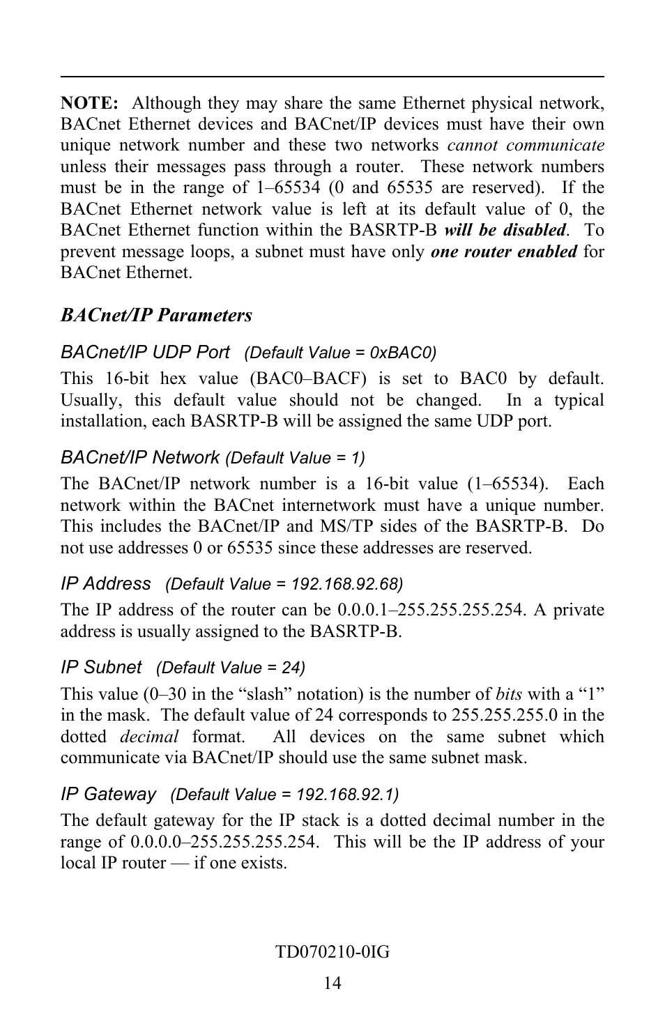 Bacnet/ip parameters, Bacnet/ip udp port (default value = 0xbac0), Bacnet/ip network (default value = 1) | Ip address (default value = 192.168.92.68), Ip subnet (default value = 24), Ip gateway (default value = 192.168.92.1) | Contemporary Control Systems BASrouter Portable Installation Guide (Firmware 2.6.x) User Manual | Page 14 / 20