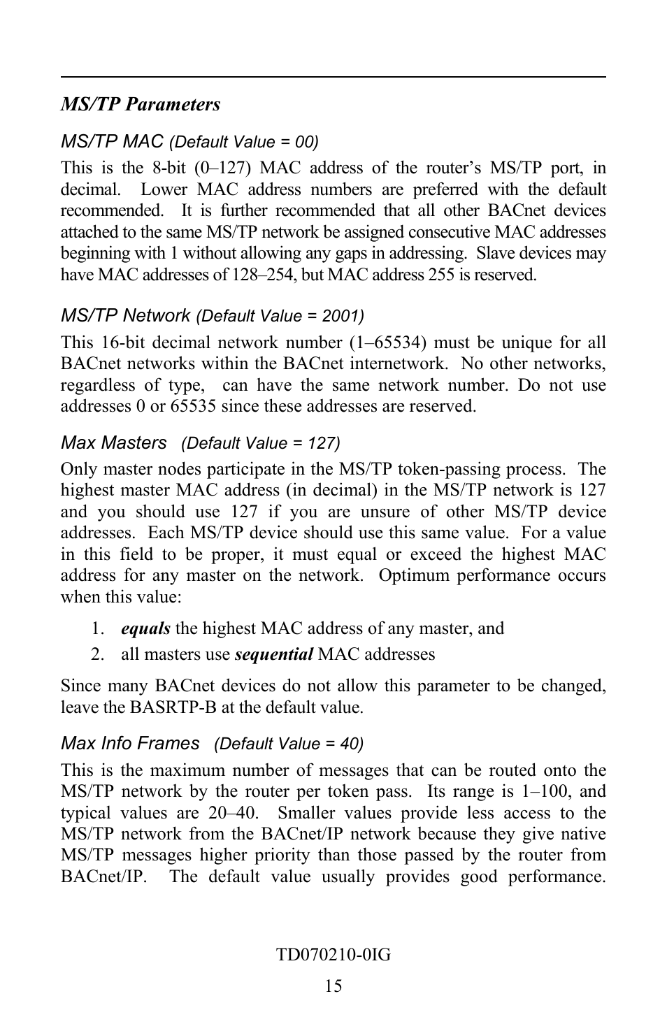 Ms/tp parameters, Ms/tp mac (default value = 00), Ms/tp network (default value = 2001) | Max masters (default value = 127), Max info frames (default value = 40) | Contemporary Control Systems BASrouter Portable Installation Guide (Firmware 2.6.x) User Manual | Page 15 / 20