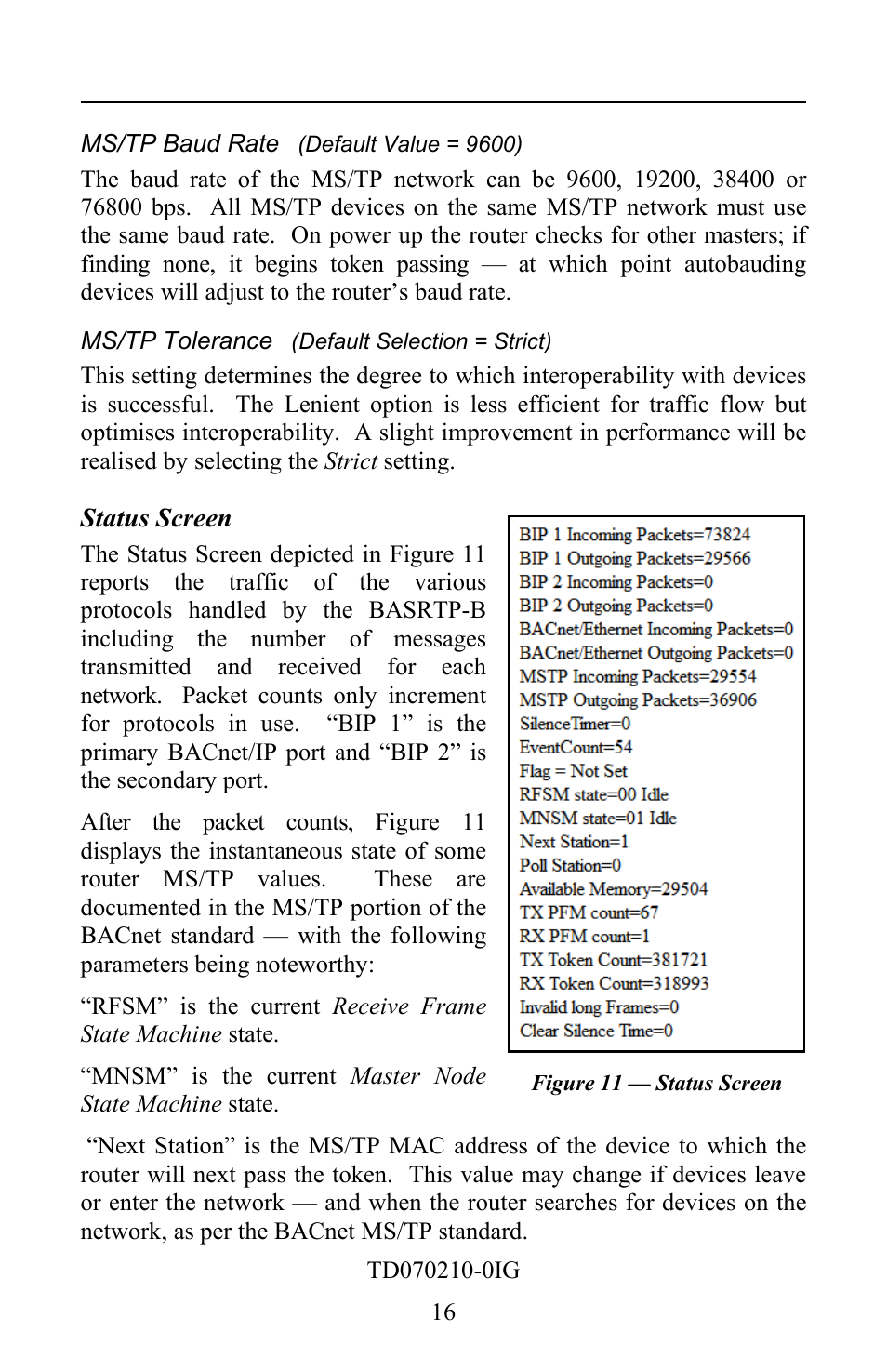 Ms/tp baud rate (default value = 9600), Ms/tp tolerance (default selection = strict), Status screen | Contemporary Control Systems BASrouter Portable Installation Guide (Firmware 2.6.x) User Manual | Page 16 / 20