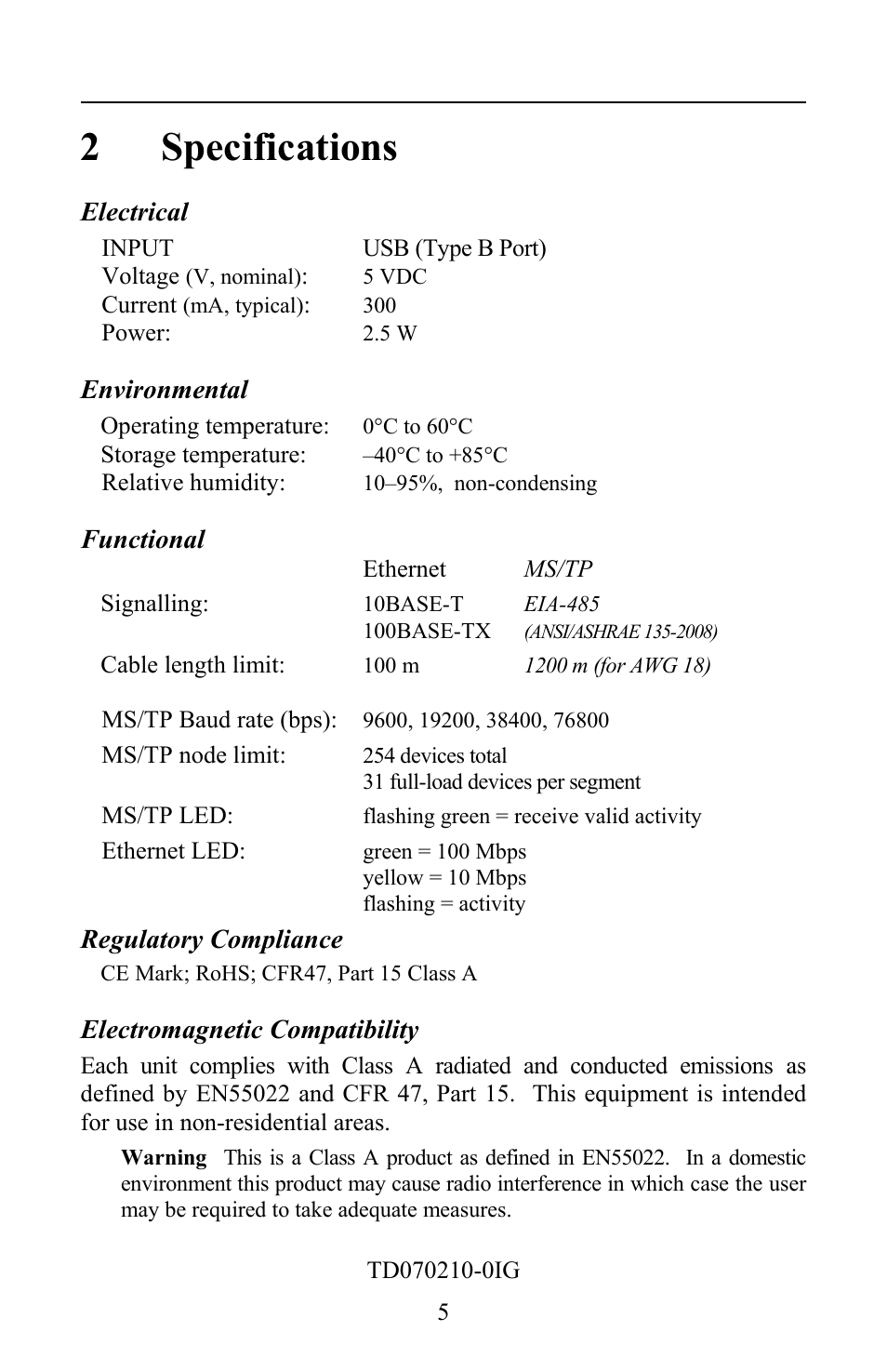 2 specifications, Electrical, Environmental | Functional, Electromagnetic compatibility | Contemporary Control Systems BASrouter Portable Installation Guide (Firmware 2.6.x) User Manual | Page 5 / 20