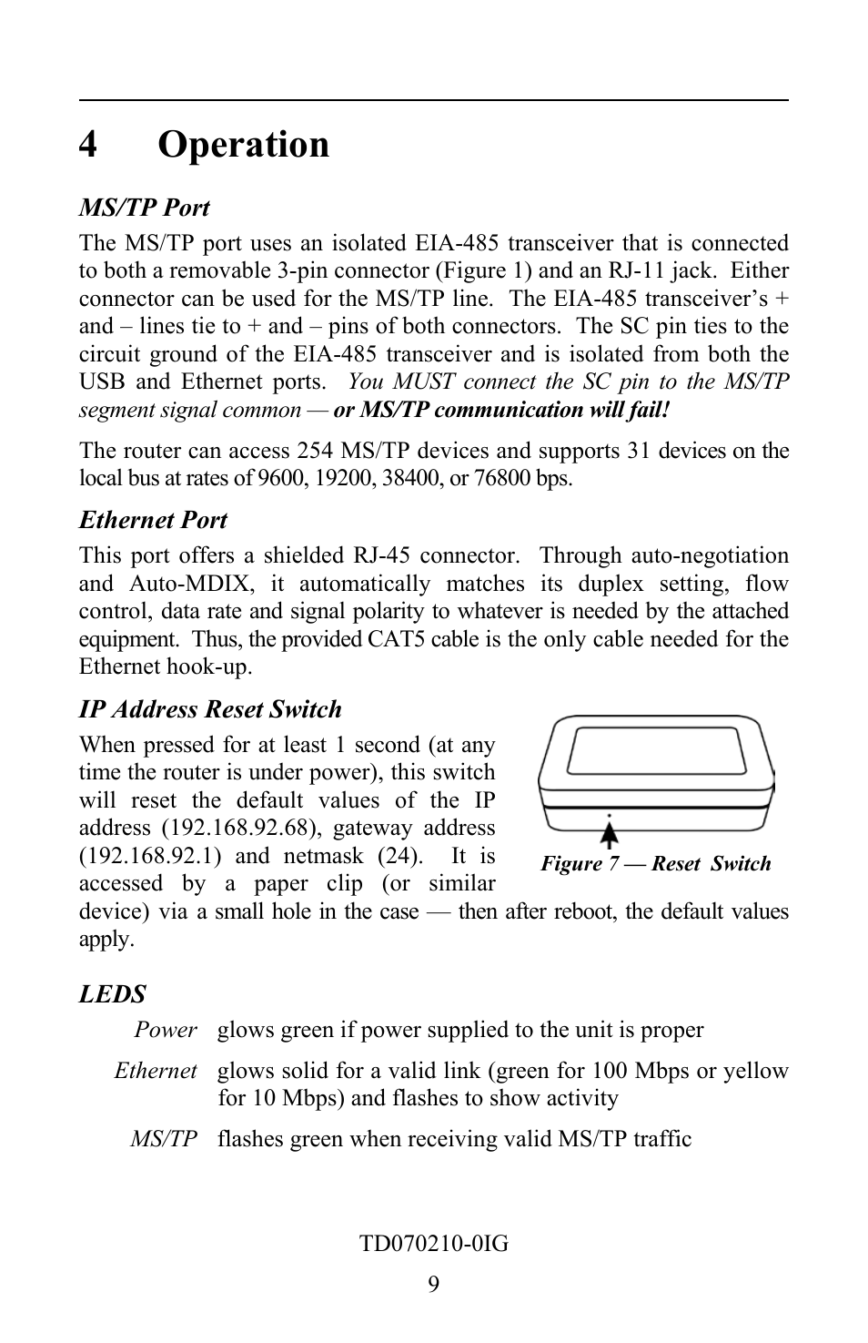 4 operation, Ms/tp port, Ethernet port | Ip address reset switch, Leds | Contemporary Control Systems BASrouter Portable Installation Guide (Firmware 2.6.x) User Manual | Page 9 / 20