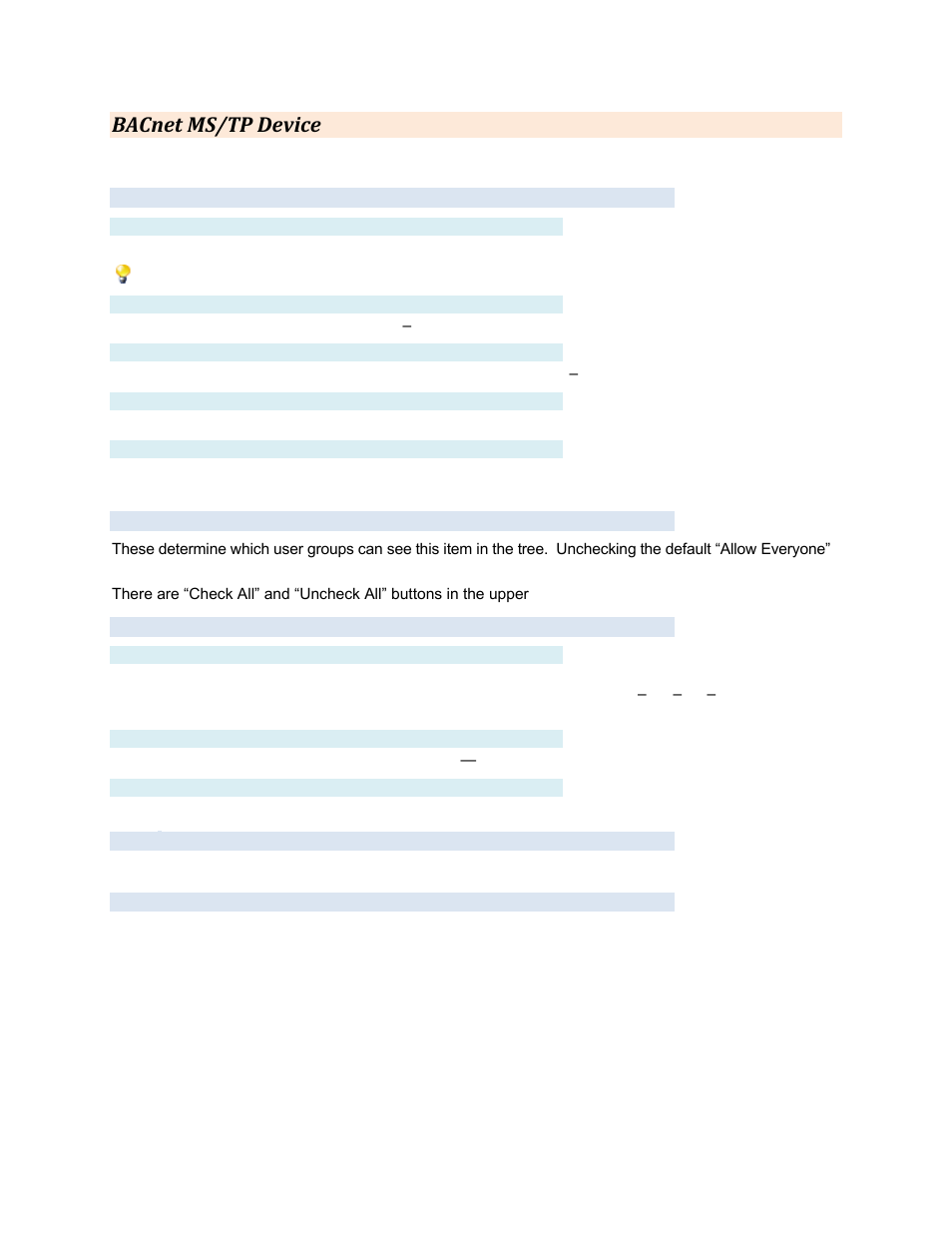 Bacnet ms/tp device, Settings tab, Label | Mac address, Device id, Max. apdu size, Write priority, Group settings tab, Advanced tab, Name | Contemporary Control Systems BASview User Manual | Page 17 / 81