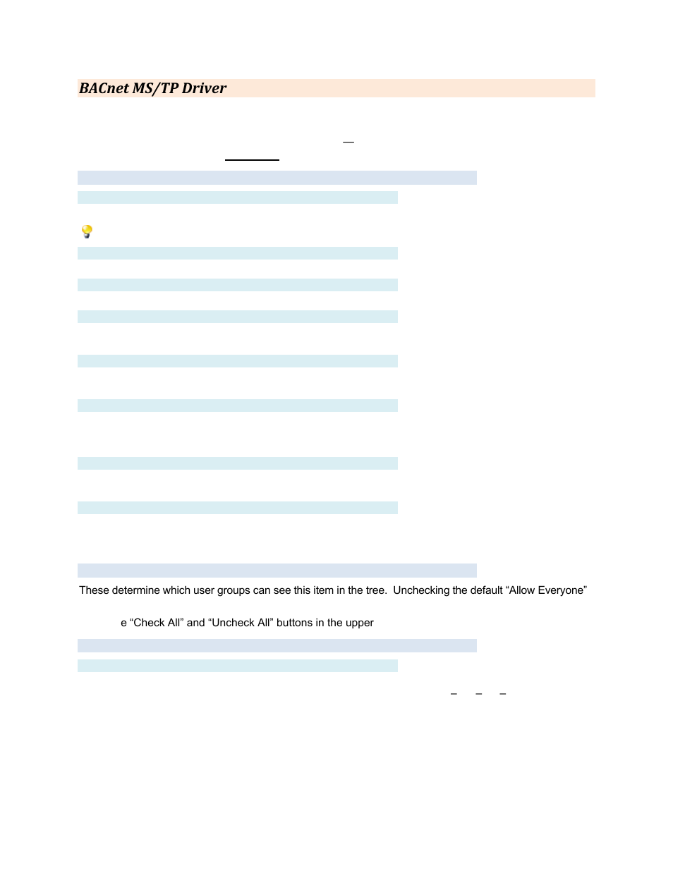 Bacnet ms/tp driver, Settings tab, Label | Description, Device id, Mac address, Baud rate, Max. master, Max. info frames, Apdu timeout | Contemporary Control Systems BASview User Manual | Page 18 / 81