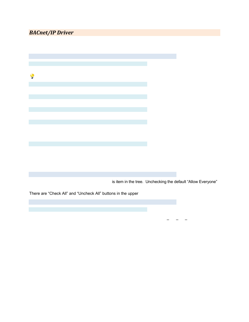 Bacnet/ip driver, Settings tab, Label | Description, Device id, Udp port, Apdu timeout, Network delay, Group settings tab, Advanced tab | Contemporary Control Systems BASview User Manual | Page 22 / 81
